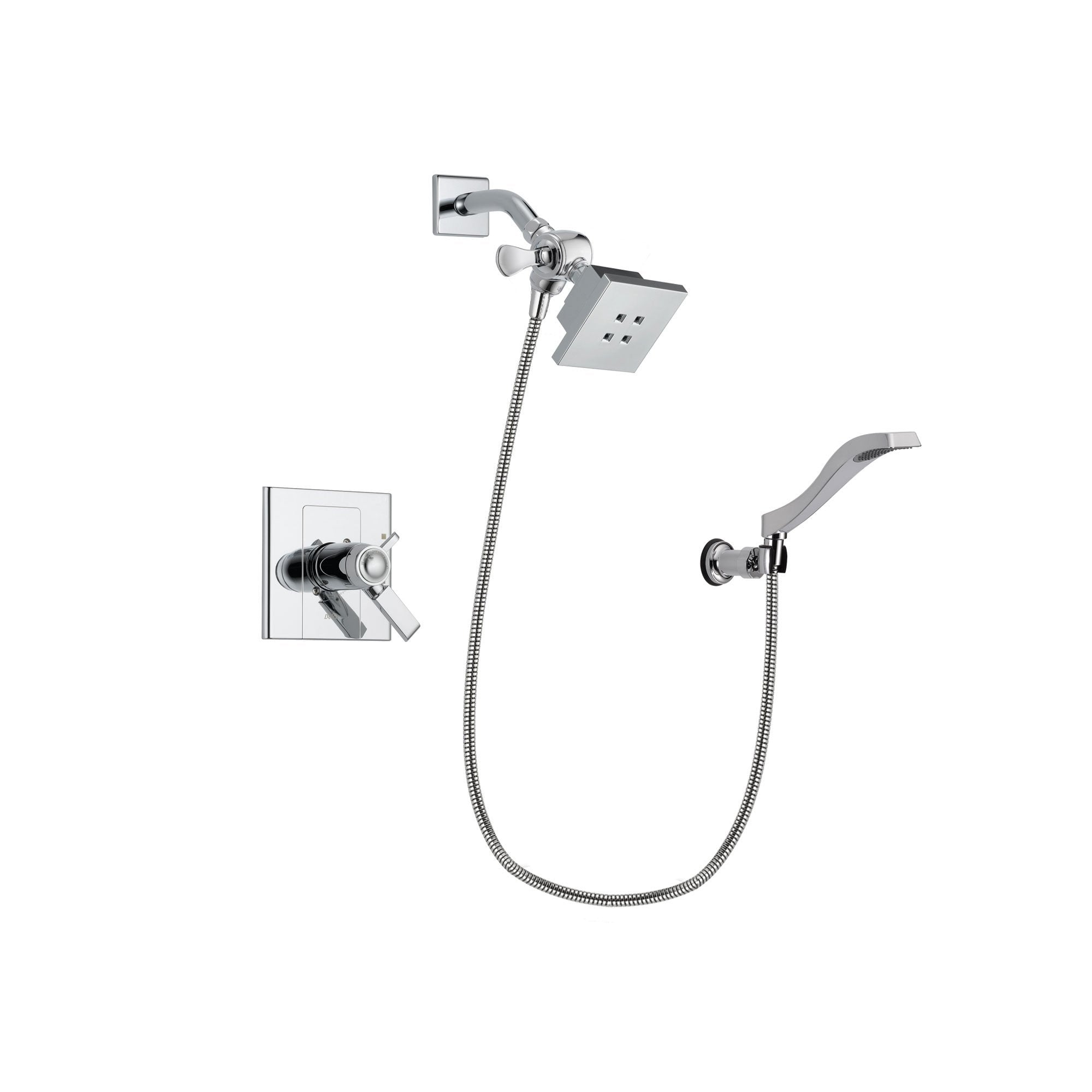 Delta Arzo Chrome Finish Thermostatic Shower Faucet System Package with Square Showerhead and Modern Handheld Shower Spray with Wall Bracket and Hose Includes Rough-in Valve DSP0005V