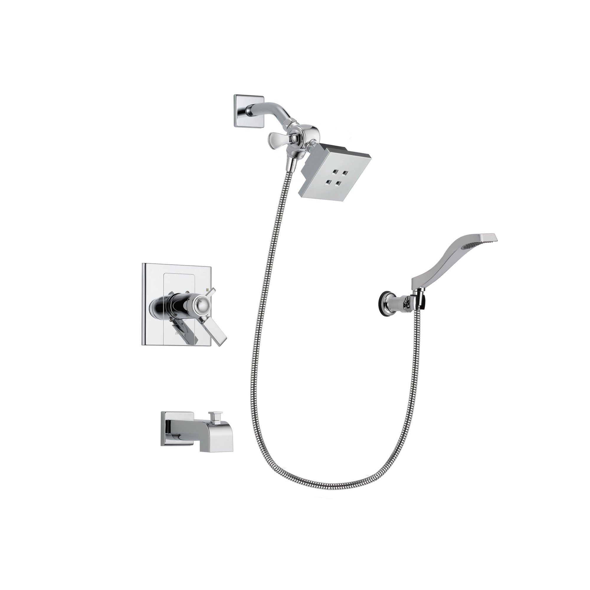Delta Arzo Chrome Finish Thermostatic Tub and Shower Faucet System Package with Square Showerhead and Modern Handheld Shower Spray with Wall Bracket and Hose Includes Rough-in Valve and Tub Spout DSP0006V