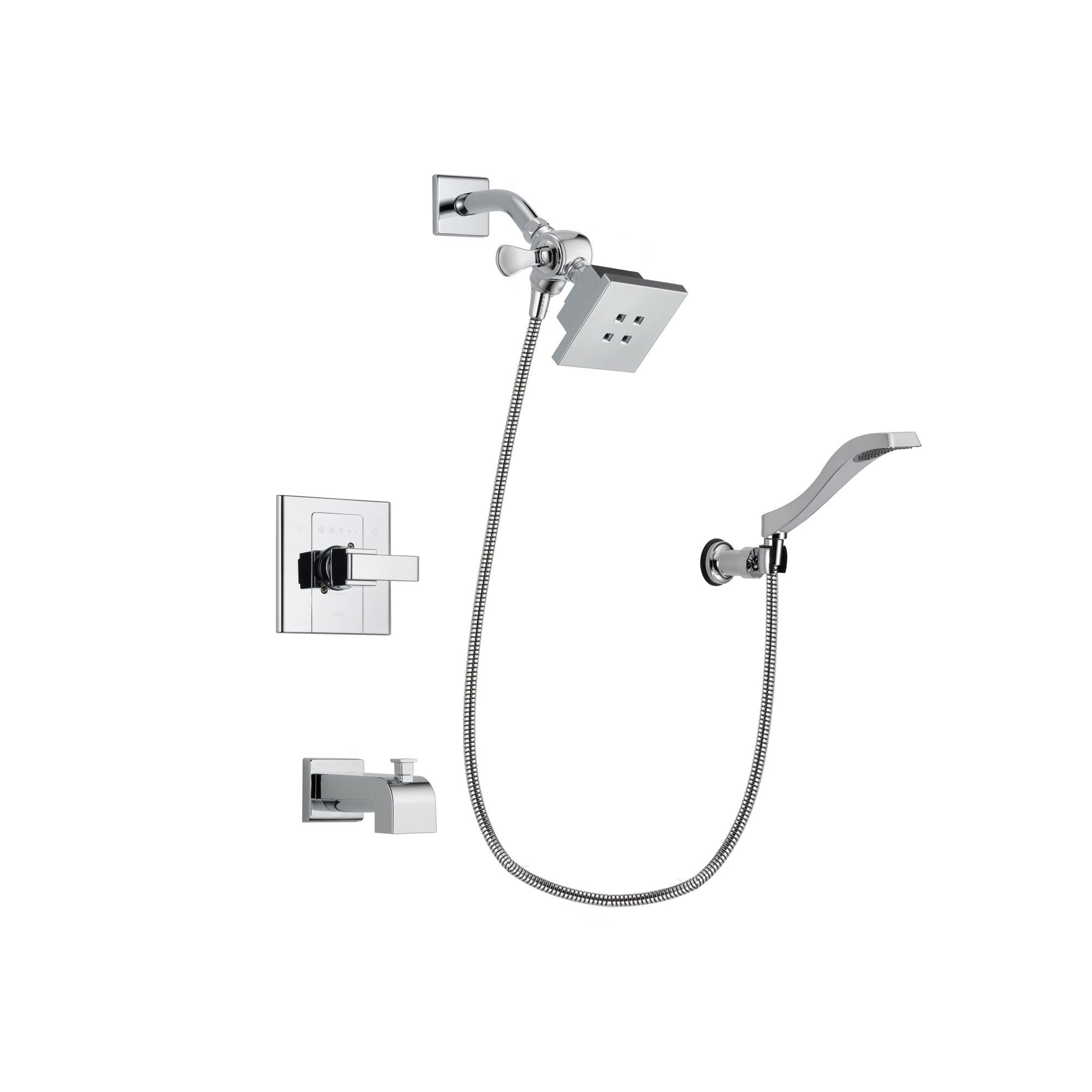 Delta Arzo Chrome Finish Tub and Shower Faucet System Package with Square Showerhead and Modern Handheld Shower Spray with Wall Bracket and Hose Includes Rough-in Valve and Tub Spout DSP0011V