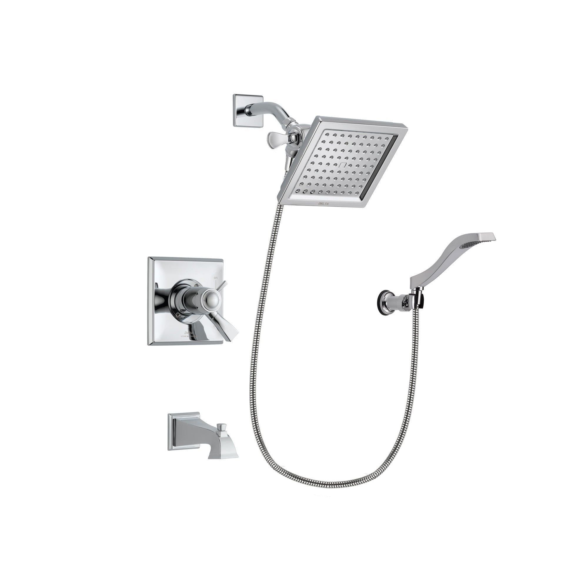 Delta Dryden Chrome Finish Thermostatic Tub and Shower Faucet System Package with 6.5-inch Square Rain Showerhead and Modern Handheld Shower Spray with Wall Bracket and Hose Includes Rough-in Valve and Tub Spout DSP0018V