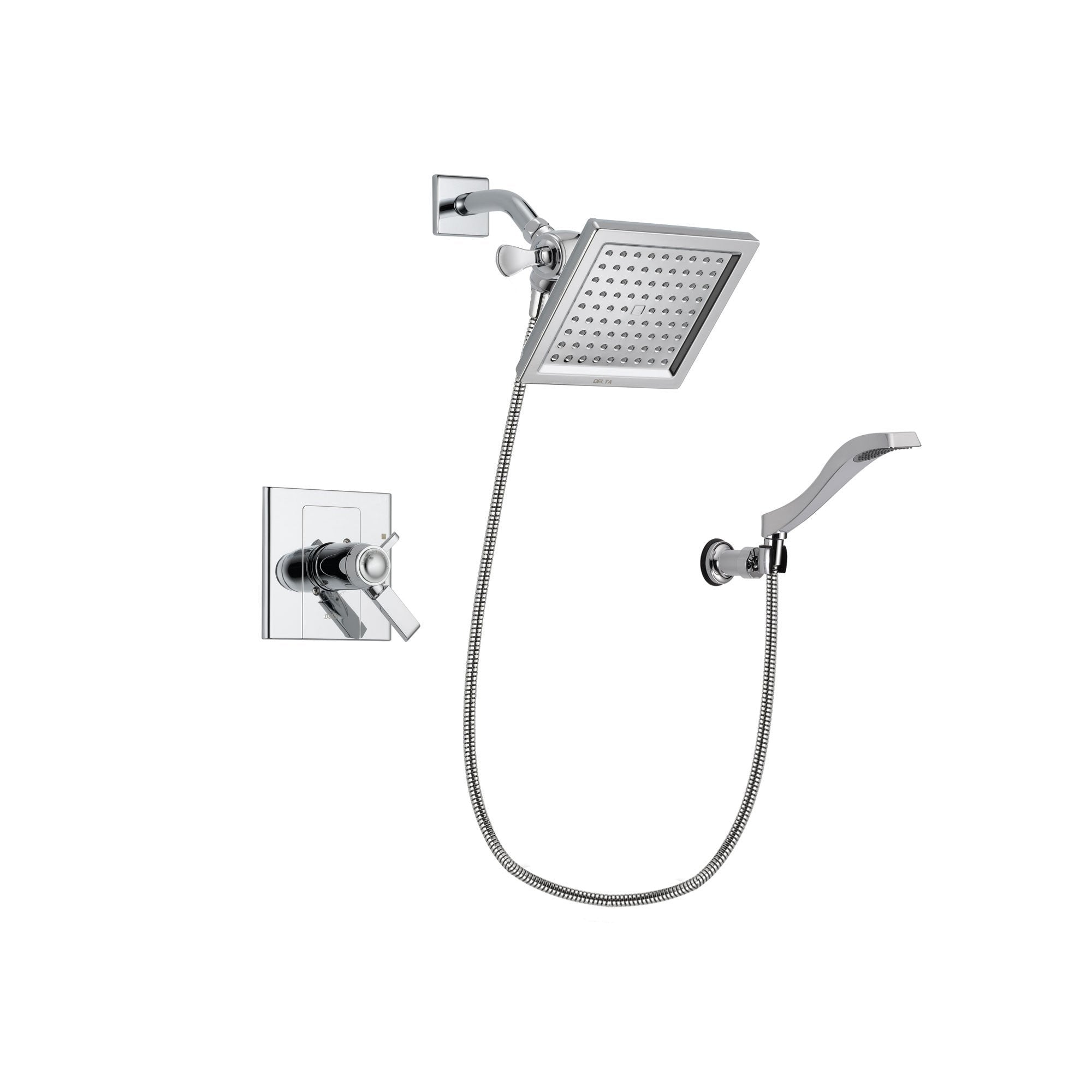 Delta Arzo Chrome Finish Thermostatic Shower Faucet System Package with 6.5-inch Square Rain Showerhead and Modern Handheld Shower Spray with Wall Bracket and Hose Includes Rough-in Valve DSP0021V