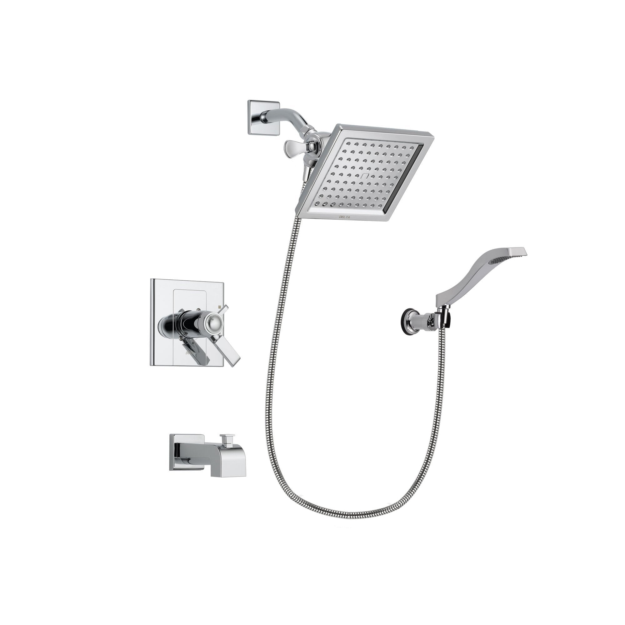 Delta Arzo Chrome Finish Thermostatic Tub and Shower Faucet System Package with 6.5-inch Square Rain Showerhead and Modern Handheld Shower Spray with Wall Bracket and Hose Includes Rough-in Valve and Tub Spout DSP0022V