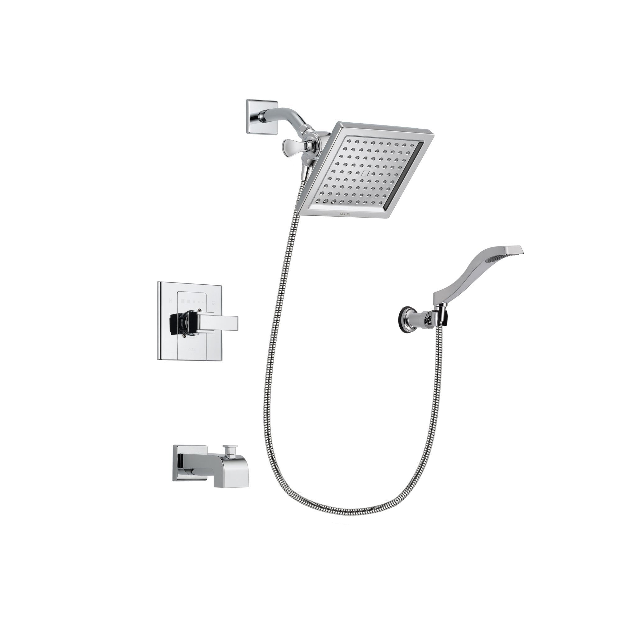 Delta Arzo Chrome Finish Tub and Shower Faucet System Package with 6.5-inch Square Rain Showerhead and Modern Handheld Shower Spray with Wall Bracket and Hose Includes Rough-in Valve and Tub Spout DSP0027V