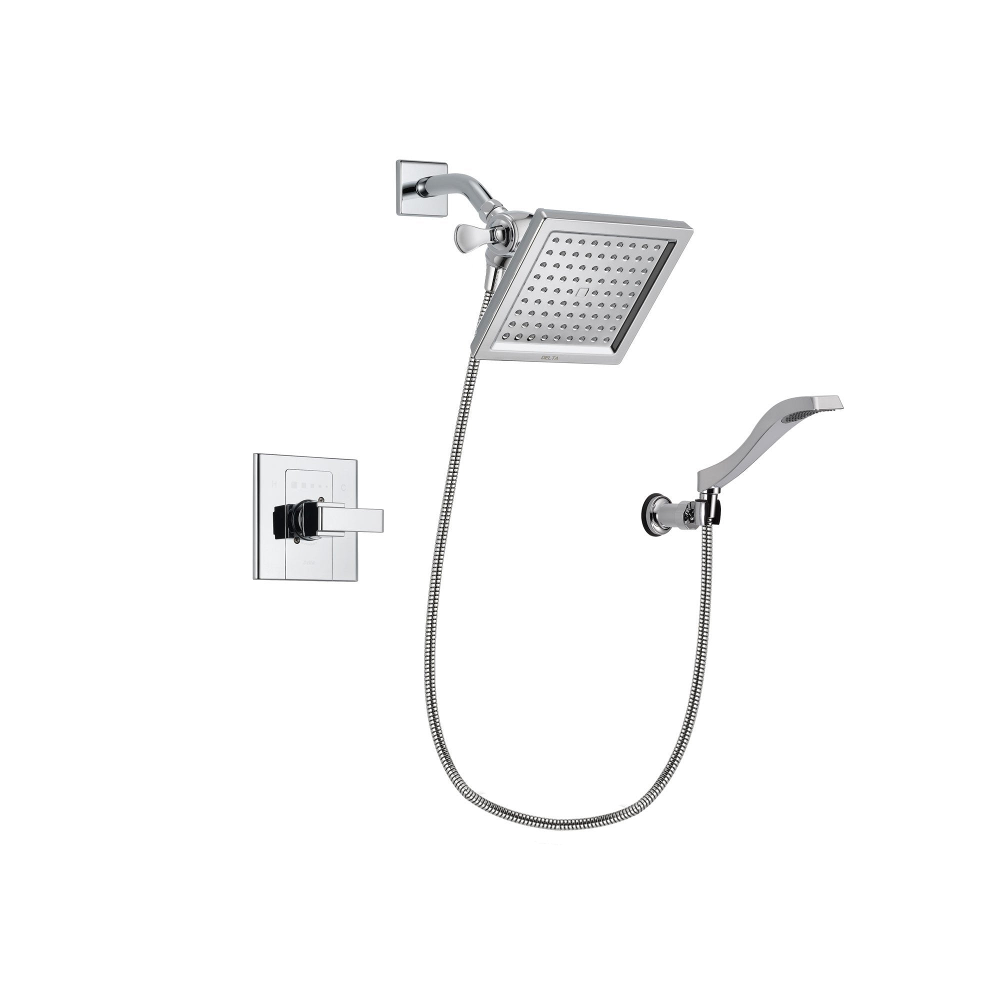 Delta Arzo Chrome Finish Shower Faucet System Package with 6.5-inch Square Rain Showerhead and Modern Handheld Shower Spray with Wall Bracket and Hose Includes Rough-in Valve DSP0028V