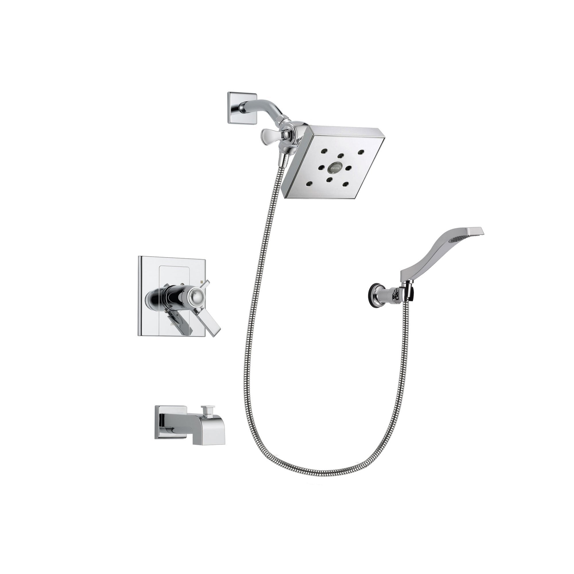 Delta Arzo Chrome Finish Thermostatic Tub and Shower Faucet System Package with Square Shower Head and Modern Handheld Shower Spray with Wall Bracket and Hose Includes Rough-in Valve and Tub Spout DSP0038V