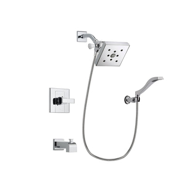 Delta Arzo Chrome Finish Tub and Shower Faucet System Package with Square Shower Head and Modern Handheld Shower Spray with Wall Bracket and Hose Includes Rough-in Valve and Tub Spout DSP0043V