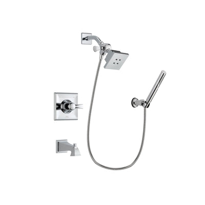 Delta Dryden Chrome Finish Tub and Shower Faucet System Package with Square Showerhead and Modern Handheld Shower Spray with Wall Bracket and Hose Includes Rough-in Valve and Tub Spout DSP0055V