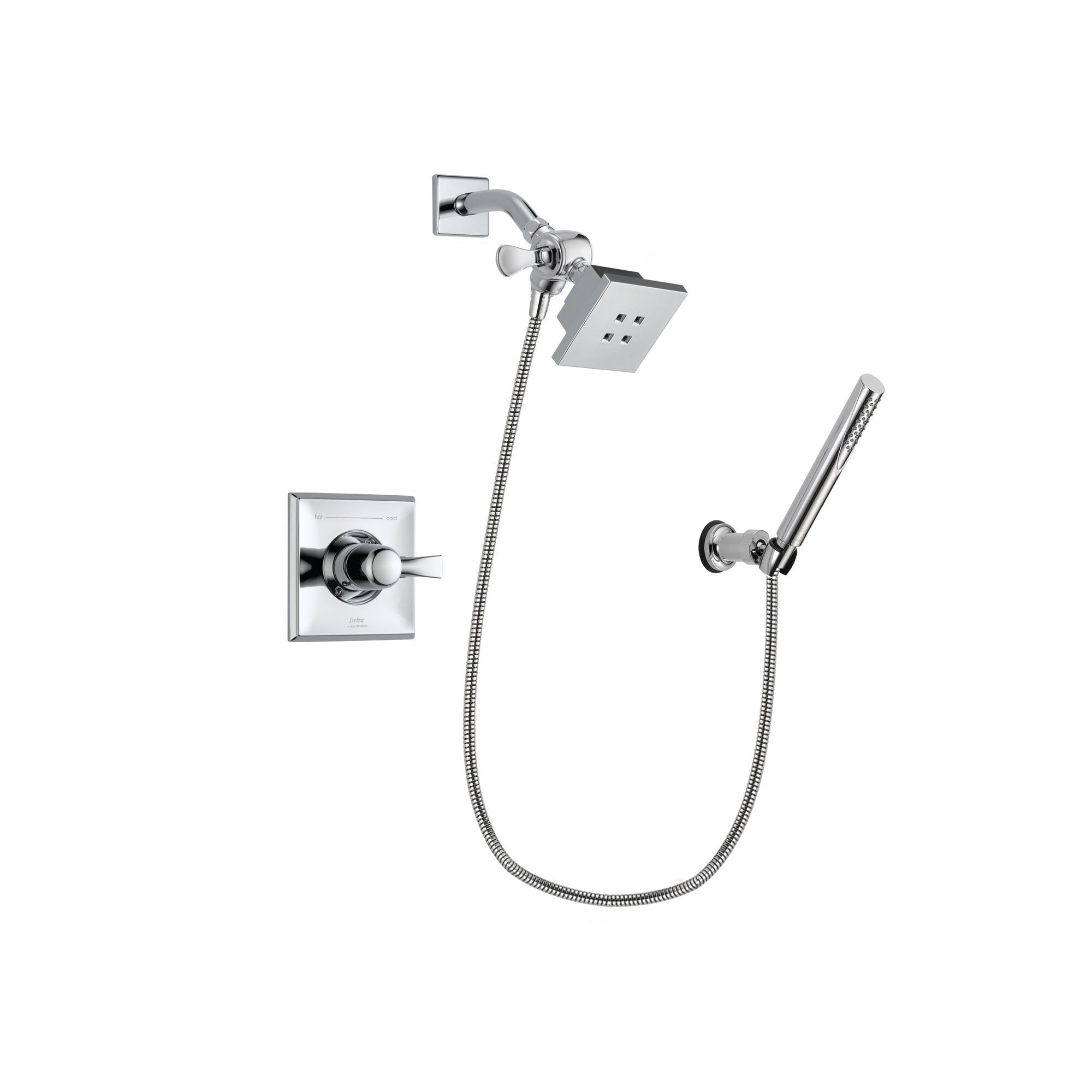 Delta Dryden Chrome Finish Shower Faucet System Package with Square Showerhead and Modern Handheld Shower Spray with Wall Bracket and Hose Includes Rough-in Valve DSP0056V