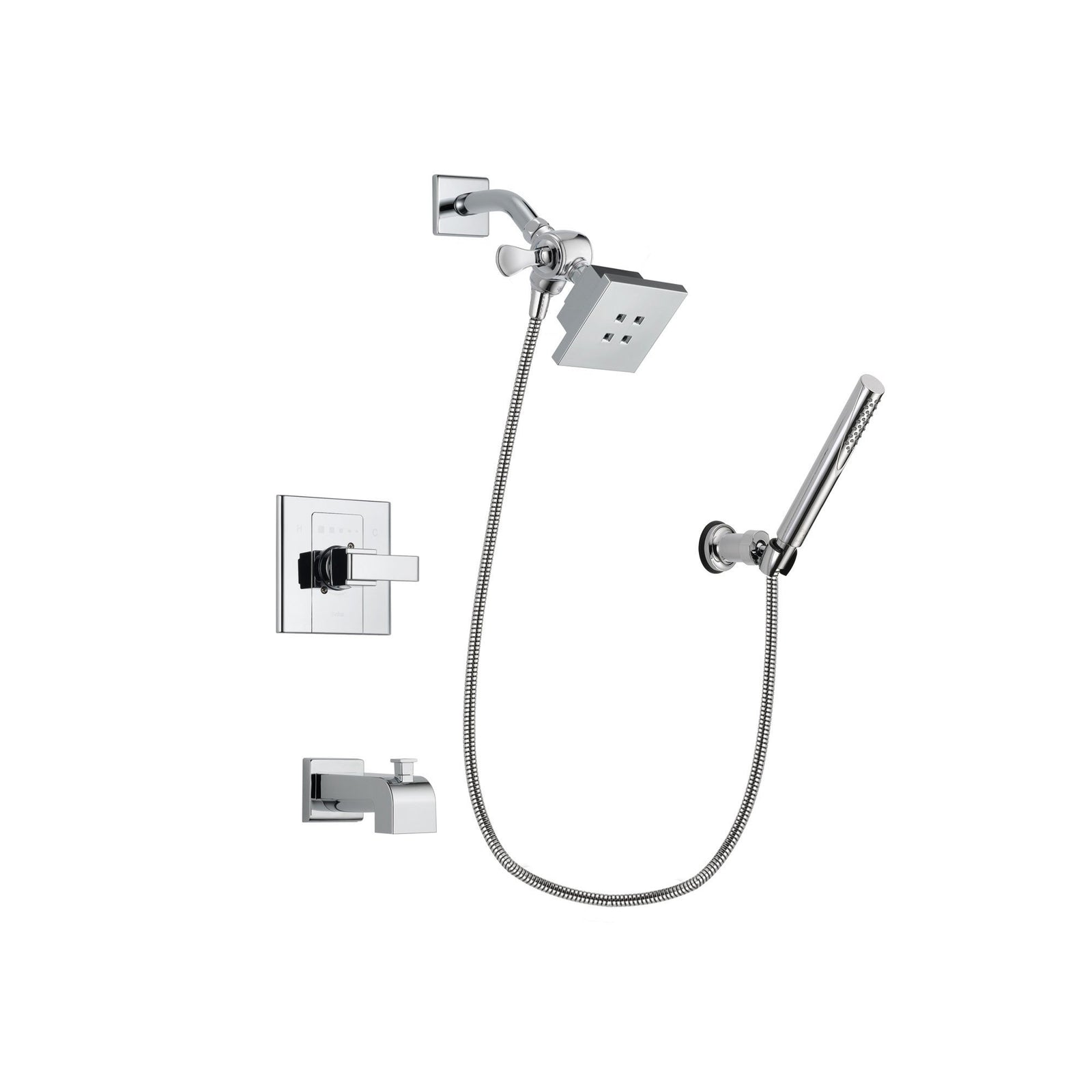 Delta Arzo Chrome Finish Tub and Shower Faucet System Package with Square Showerhead and Modern Handheld Shower Spray with Wall Bracket and Hose Includes Rough-in Valve and Tub Spout DSP0059V