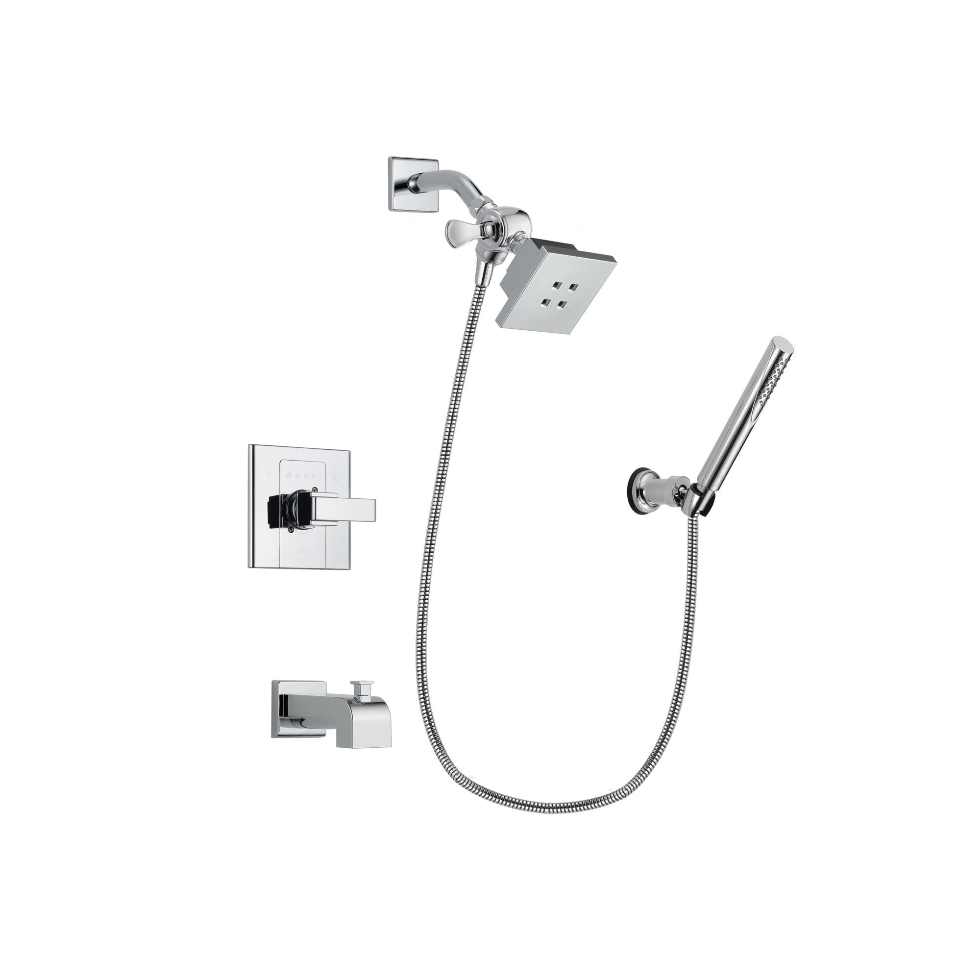 Delta Arzo Chrome Finish Tub and Shower Faucet System Package with Square Showerhead and Modern Handheld Shower Spray with Wall Bracket and Hose Includes Rough-in Valve and Tub Spout DSP0059V