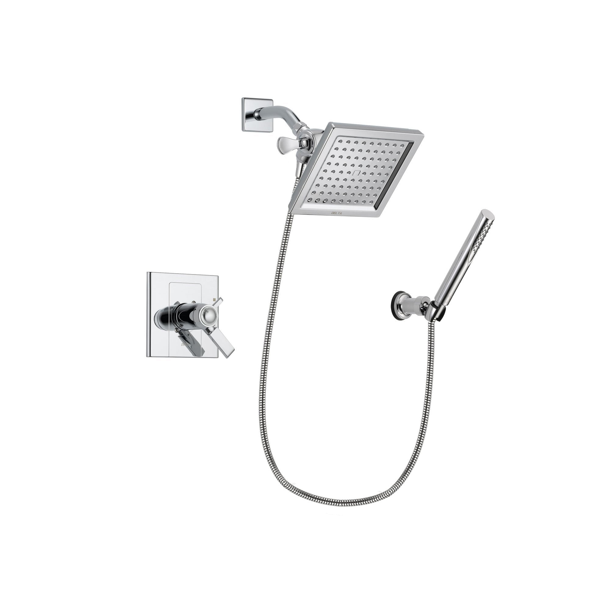 Delta Arzo Chrome Finish Thermostatic Shower Faucet System Package with 6.5-inch Square Rain Showerhead and Modern Handheld Shower Spray with Wall Bracket and Hose Includes Rough-in Valve DSP0069V