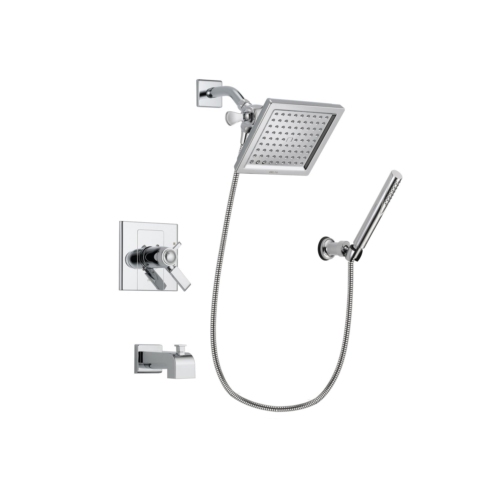 Delta Arzo Chrome Finish Thermostatic Tub and Shower Faucet System Package with 6.5-inch Square Rain Showerhead and Modern Handheld Shower Spray with Wall Bracket and Hose Includes Rough-in Valve and Tub Spout DSP0070V