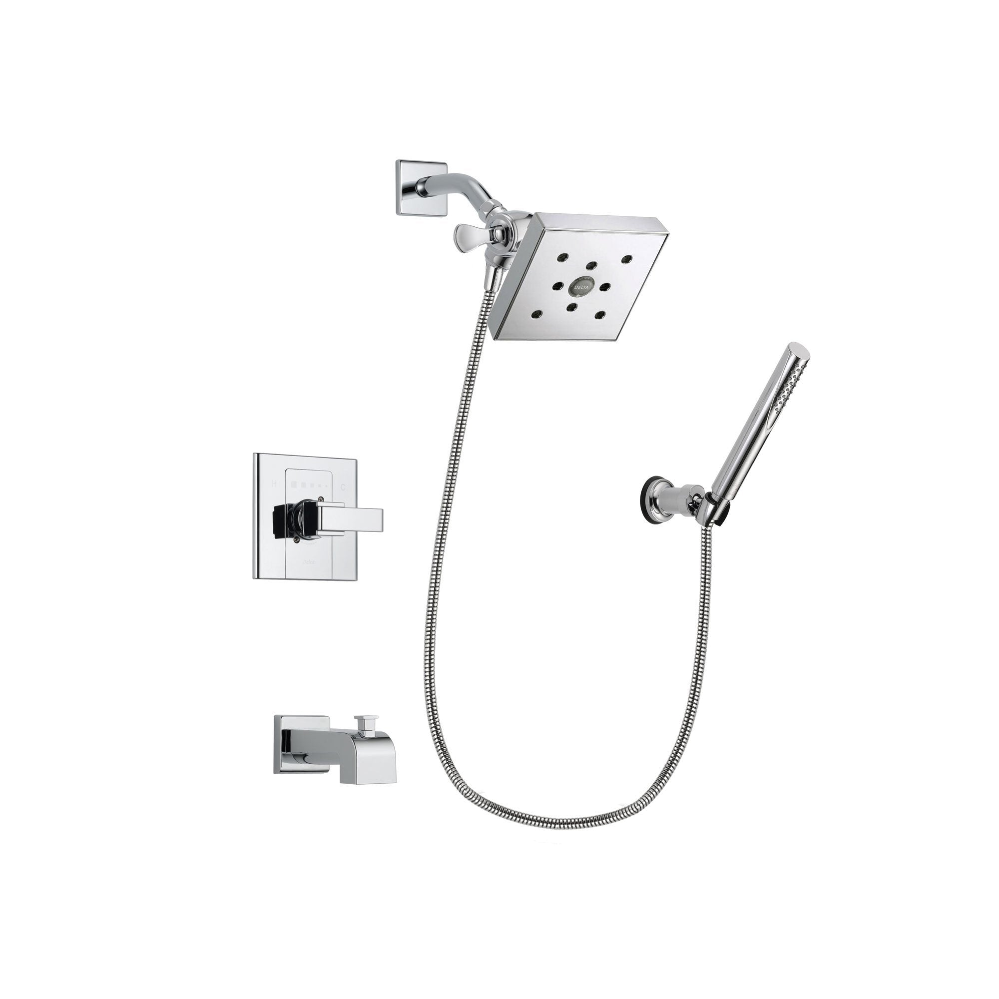 Delta Arzo Chrome Finish Tub and Shower Faucet System Package with Square Shower Head and Modern Handheld Shower Spray with Wall Bracket and Hose Includes Rough-in Valve and Tub Spout DSP0091V
