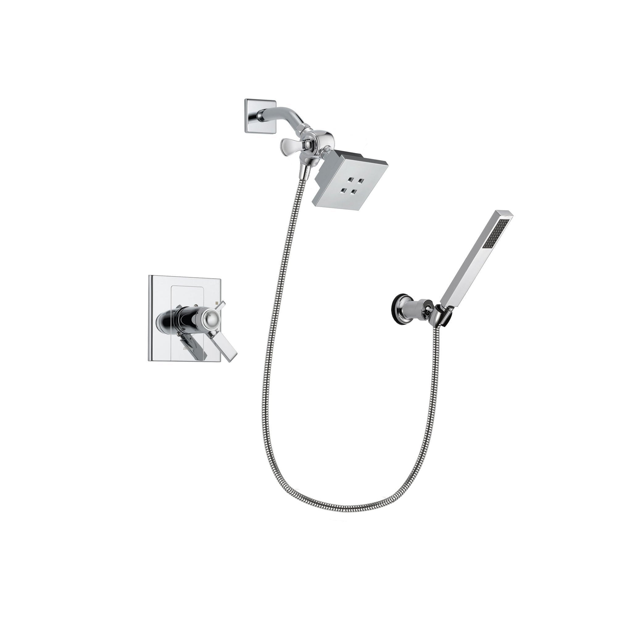 Delta Arzo Chrome Finish Thermostatic Shower Faucet System Package with Square Showerhead and Modern Handheld Shower Spray with Wall Bracket and Hose Includes Rough-in Valve DSP0101V