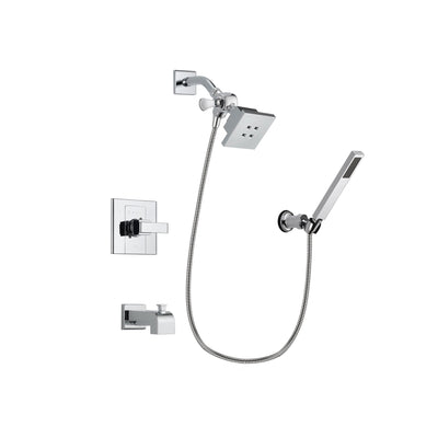 Delta Arzo Chrome Finish Tub and Shower Faucet System Package with Square Showerhead and Modern Handheld Shower Spray with Wall Bracket and Hose Includes Rough-in Valve and Tub Spout DSP0107V