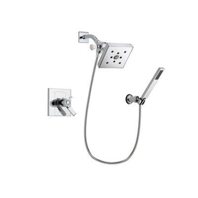 Delta Arzo Chrome Finish Thermostatic Shower Faucet System Package with Square Shower Head and Modern Handheld Shower Spray with Wall Bracket and Hose Includes Rough-in Valve DSP0133V