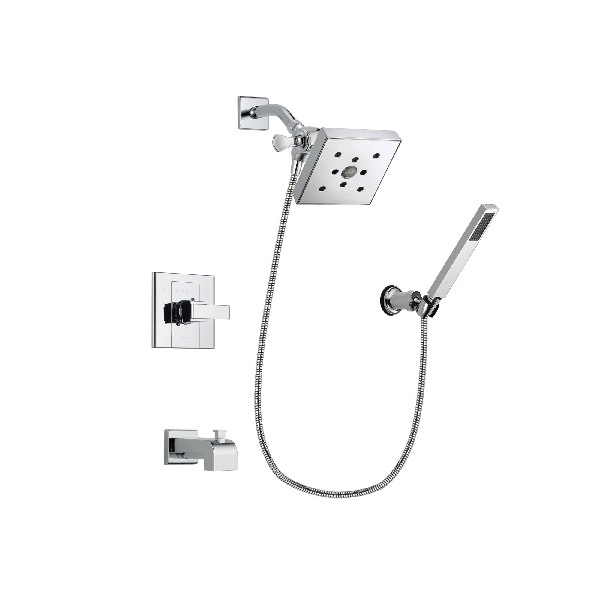 Delta Arzo Chrome Finish Tub and Shower Faucet System Package with Square Shower Head and Modern Handheld Shower Spray with Wall Bracket and Hose Includes Rough-in Valve and Tub Spout DSP0139V
