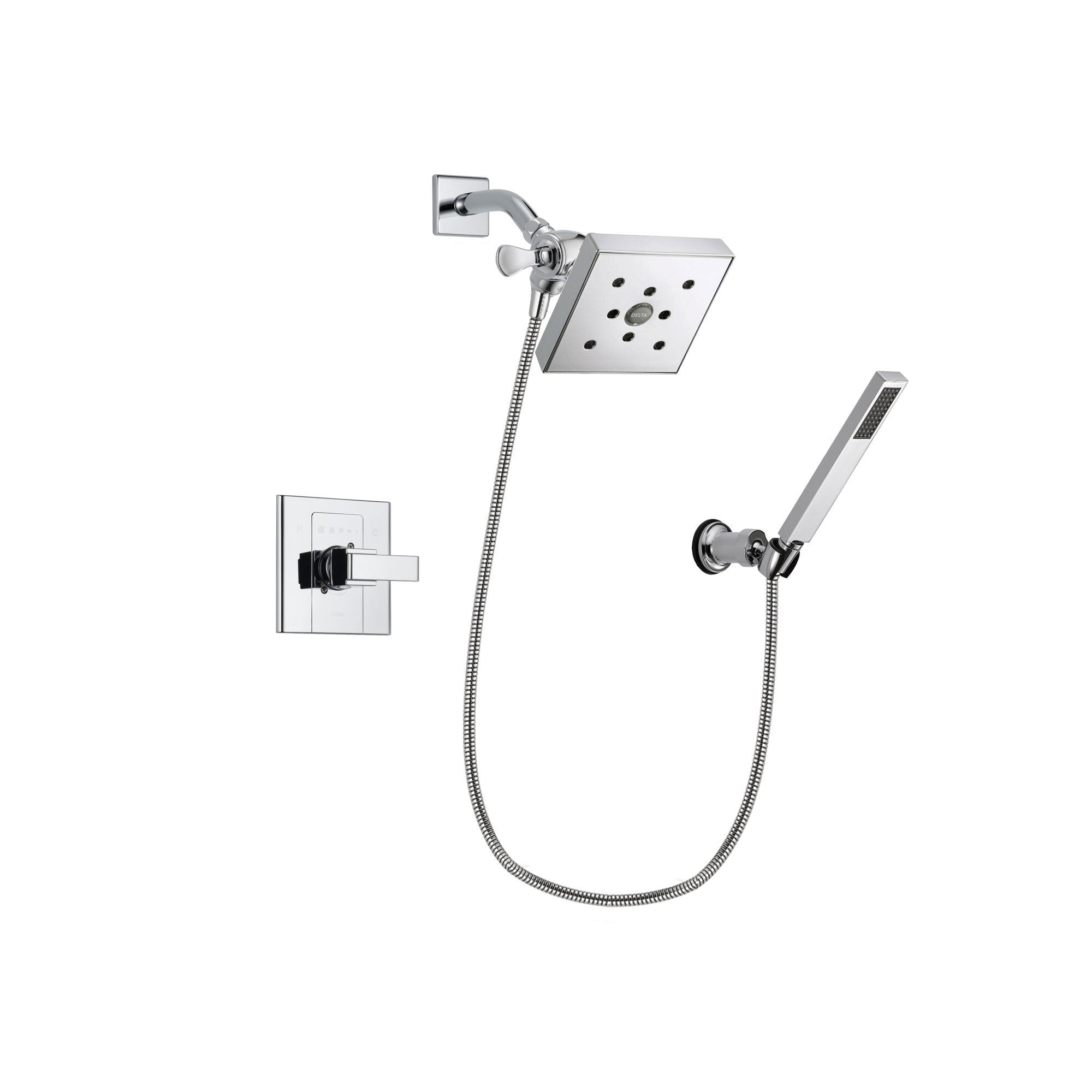 Delta Arzo Chrome Finish Shower Faucet System Package with Square Shower Head and Modern Handheld Shower Spray with Wall Bracket and Hose Includes Rough-in Valve DSP0140V