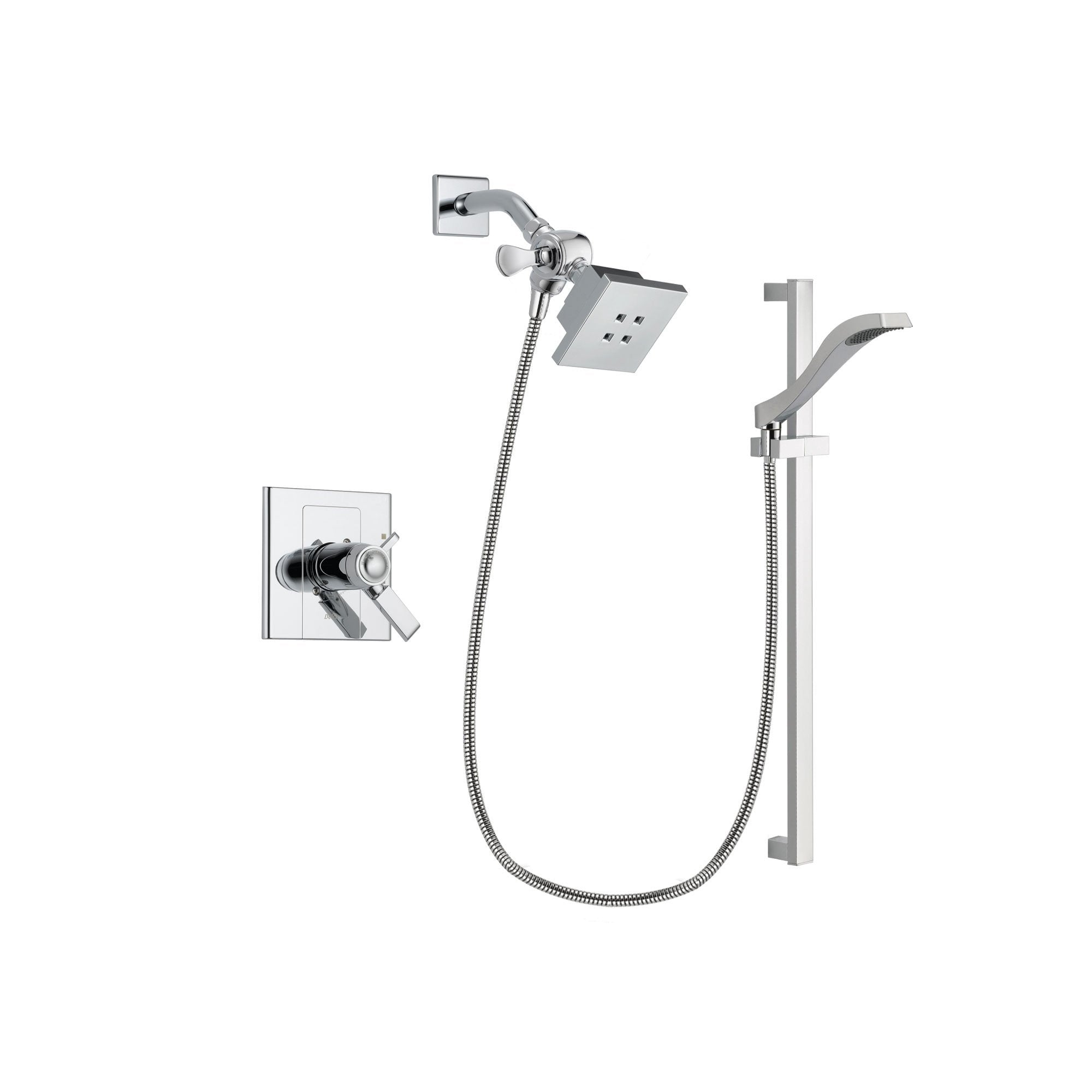 Delta Arzo Chrome Finish Thermostatic Shower Faucet System Package with Square Showerhead and Wall Mount Slide Bar with Handheld Shower Spray Includes Rough-in Valve DSP0149V