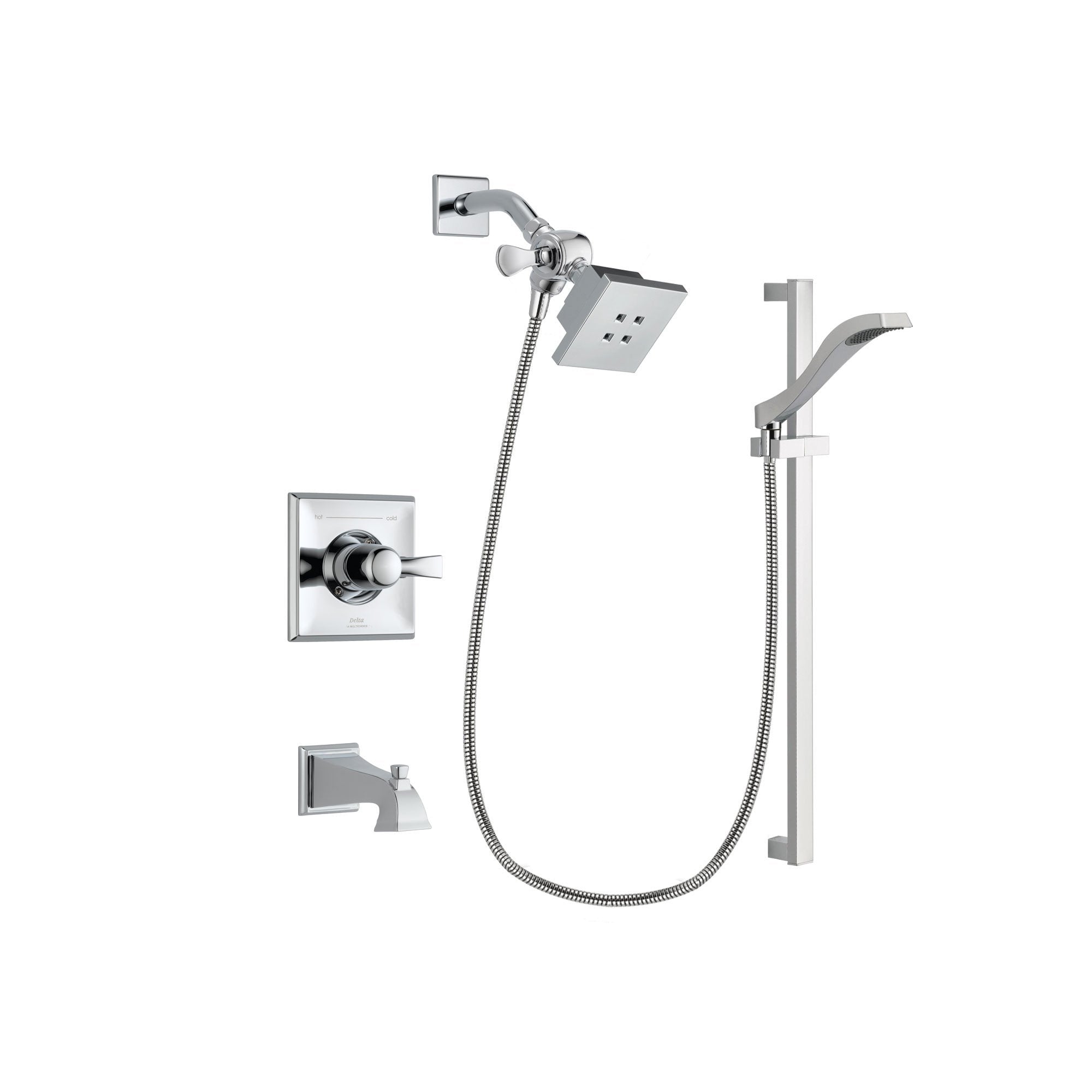 Delta Dryden Chrome Finish Tub and Shower Faucet System Package with Square Showerhead and Wall Mount Slide Bar with Handheld Shower Spray Includes Rough-in Valve and Tub Spout DSP0151V