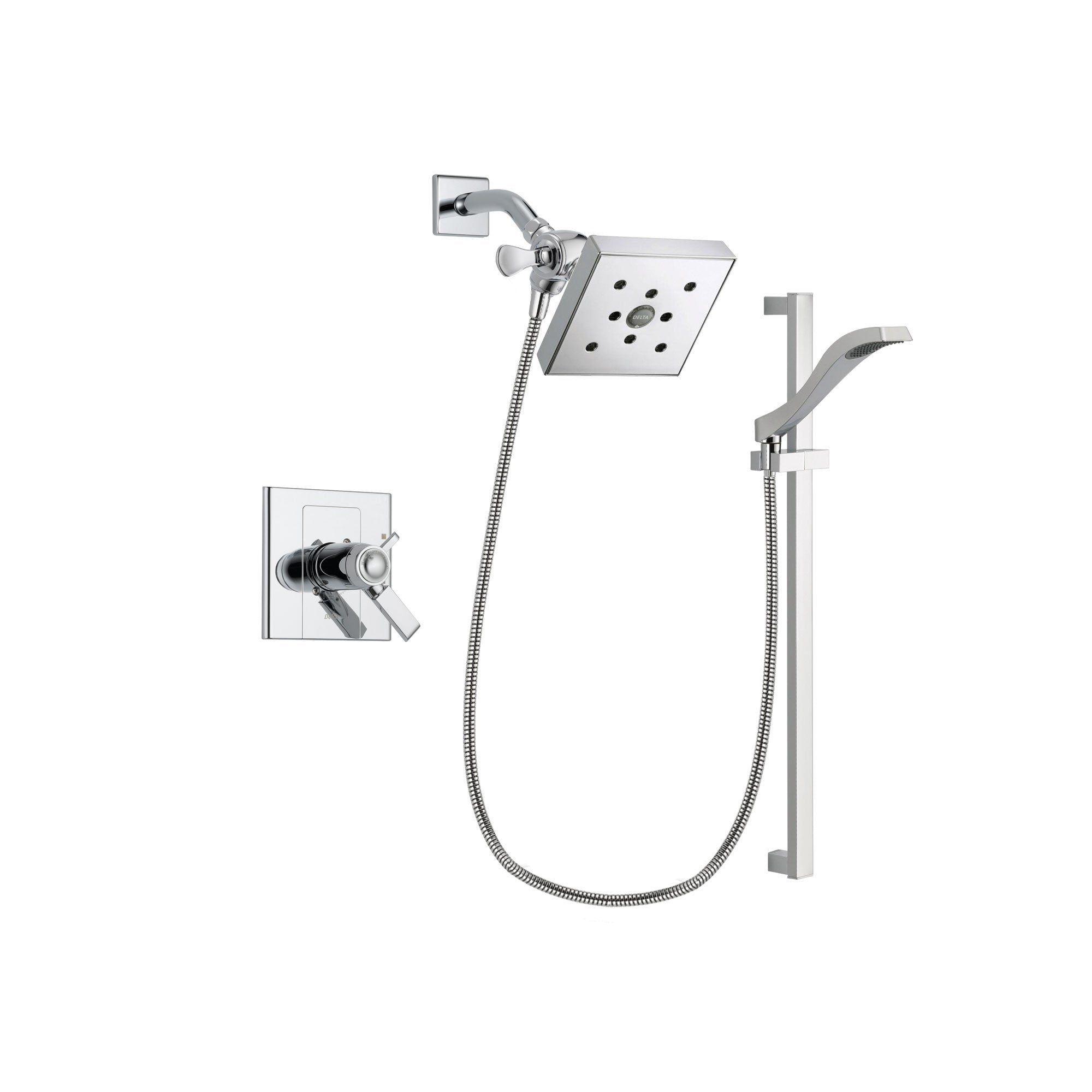 Delta Arzo Chrome Finish Thermostatic Shower Faucet System Package with Square Shower Head and Wall Mount Slide Bar with Handheld Shower Spray Includes Rough-in Valve DSP0181V