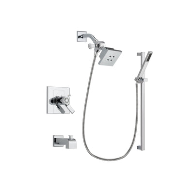 Delta Arzo Chrome Finish Thermostatic Tub and Shower Faucet System Package with Square Showerhead and Modern Square Wall Mount Slide Bar with Handheld Shower Spray Includes Rough-in Valve and Tub Spout DSP0198V