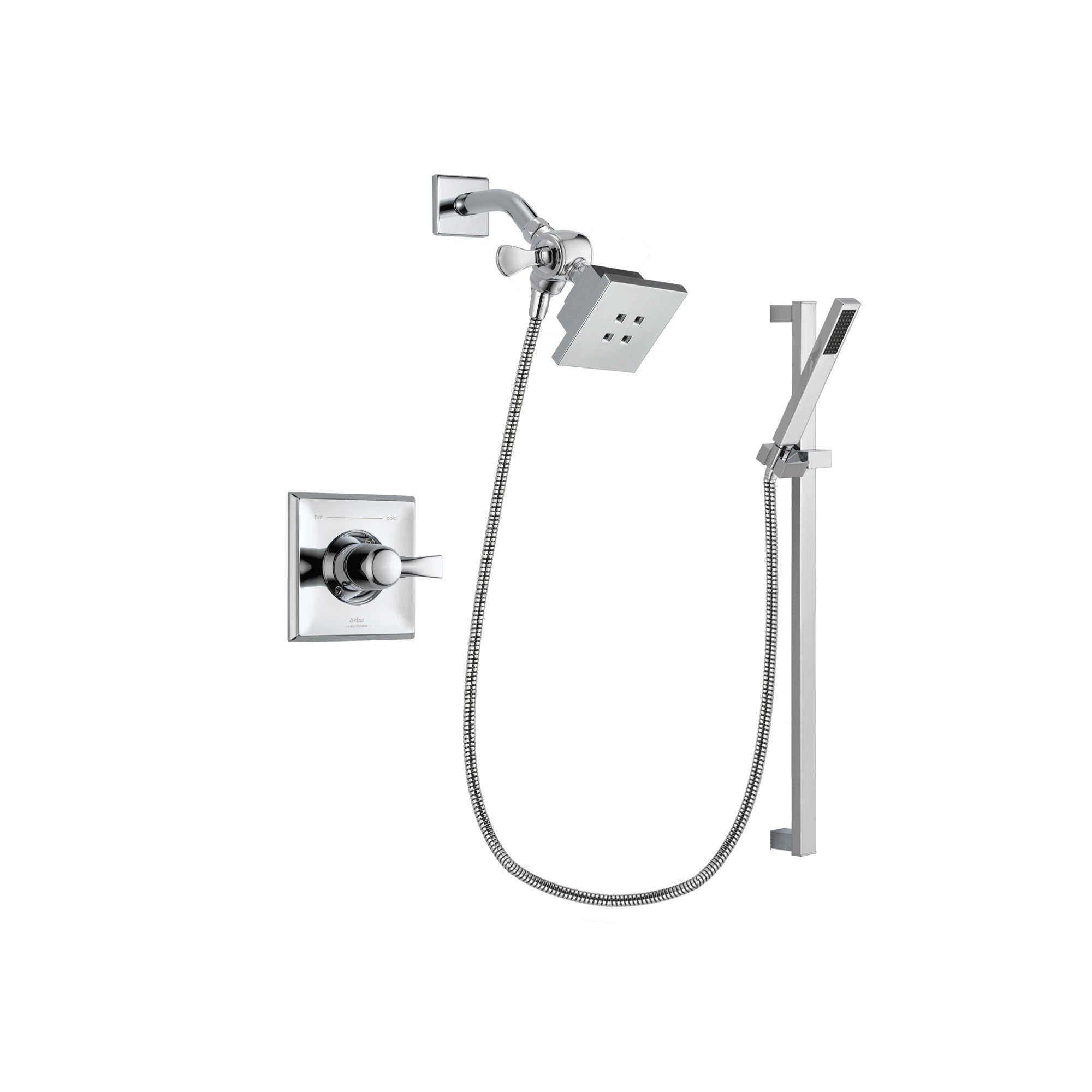 Delta Dryden Chrome Finish Shower Faucet System Package with Square Showerhead and Modern Square Wall Mount Slide Bar with Handheld Shower Spray Includes Rough-in Valve DSP0200V