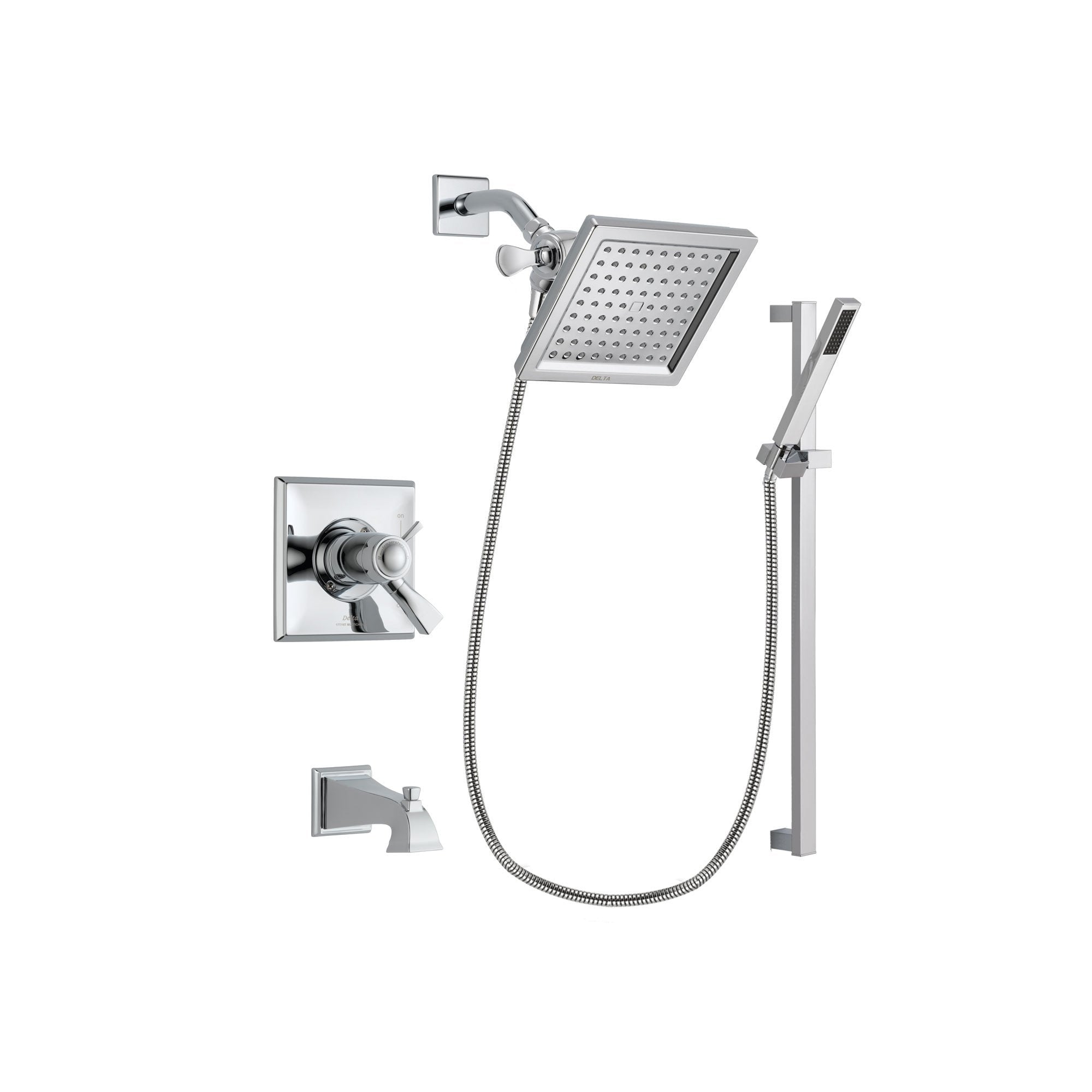 Delta Dryden Chrome Finish Thermostatic Tub and Shower Faucet System Package with 6.5-inch Square Rain Showerhead and Modern Square Wall Mount Slide Bar with Handheld Shower Spray Includes Rough-in Valve and Tub Spout DSP0210V