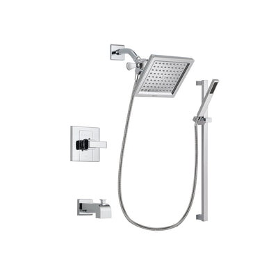 Delta Arzo Chrome Finish Tub and Shower Faucet System Package with 6.5-inch Square Rain Showerhead and Modern Square Wall Mount Slide Bar with Handheld Shower Spray Includes Rough-in Valve and Tub Spout DSP0219V