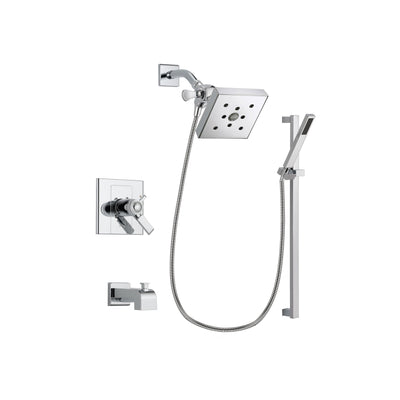 Delta Arzo Chrome Finish Thermostatic Tub and Shower Faucet System Package with Square Shower Head and Modern Square Wall Mount Slide Bar with Handheld Shower Spray Includes Rough-in Valve and Tub Spout DSP0230V