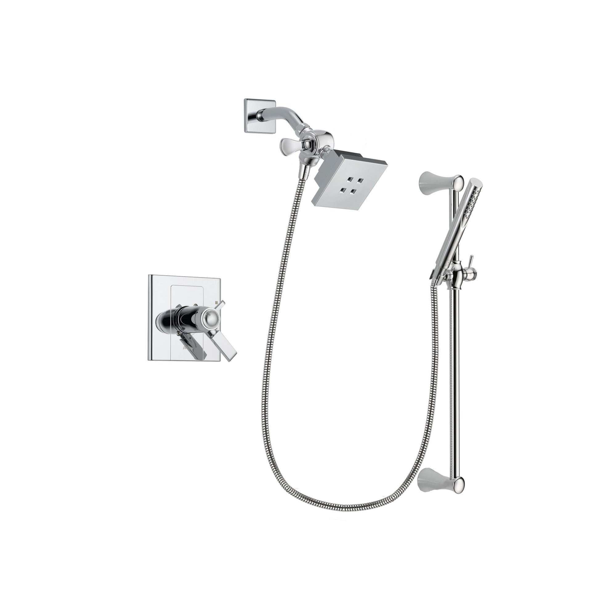 Delta Arzo Chrome Finish Thermostatic Shower Faucet System Package with Square Showerhead and Modern Wall Mount Slide Bar with Handheld Shower Spray Includes Rough-in Valve DSP0245V