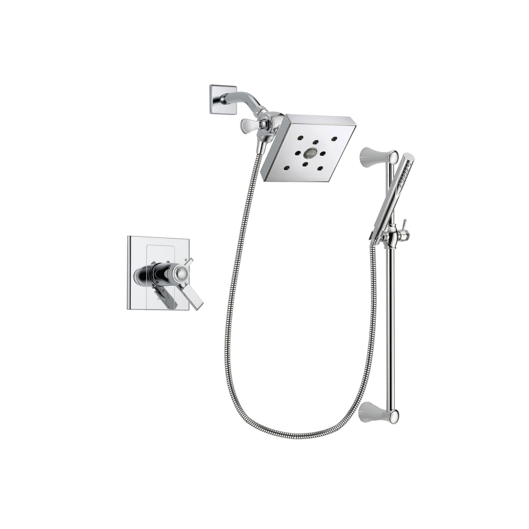 Delta Arzo Chrome Finish Thermostatic Shower Faucet System Package with Square Shower Head and Modern Wall Mount Slide Bar with Handheld Shower Spray Includes Rough-in Valve DSP0277V