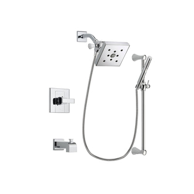 Delta Arzo Chrome Finish Tub and Shower Faucet System Package with Square Shower Head and Modern Wall Mount Slide Bar with Handheld Shower Spray Includes Rough-in Valve and Tub Spout DSP0283V