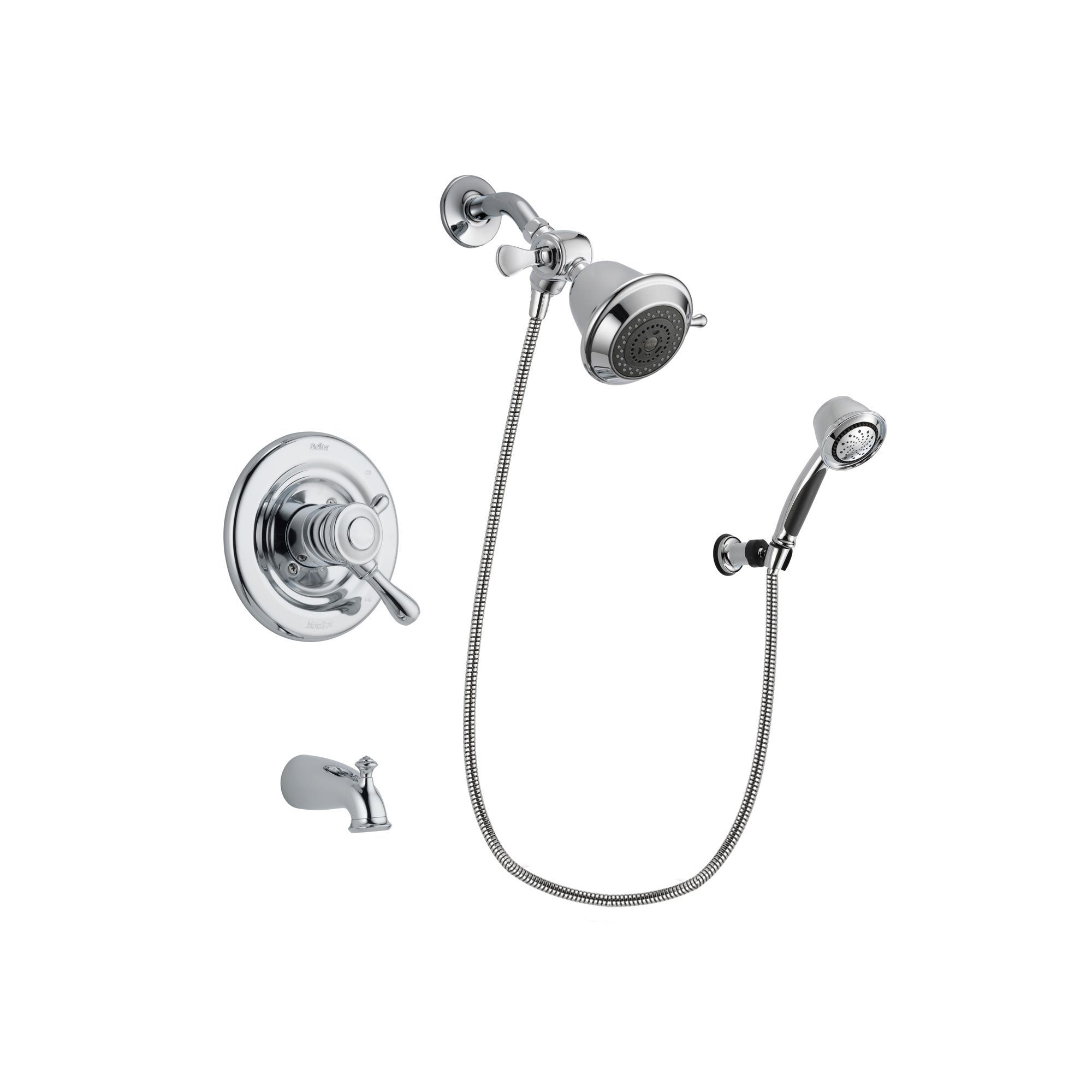 Delta Leland Chrome Finish Dual Control Tub and Shower Faucet System Package with Shower Head and 5-Spray Adjustable Wall Mount Hand Shower Includes Rough-in Valve and Tub Spout DSP0315V