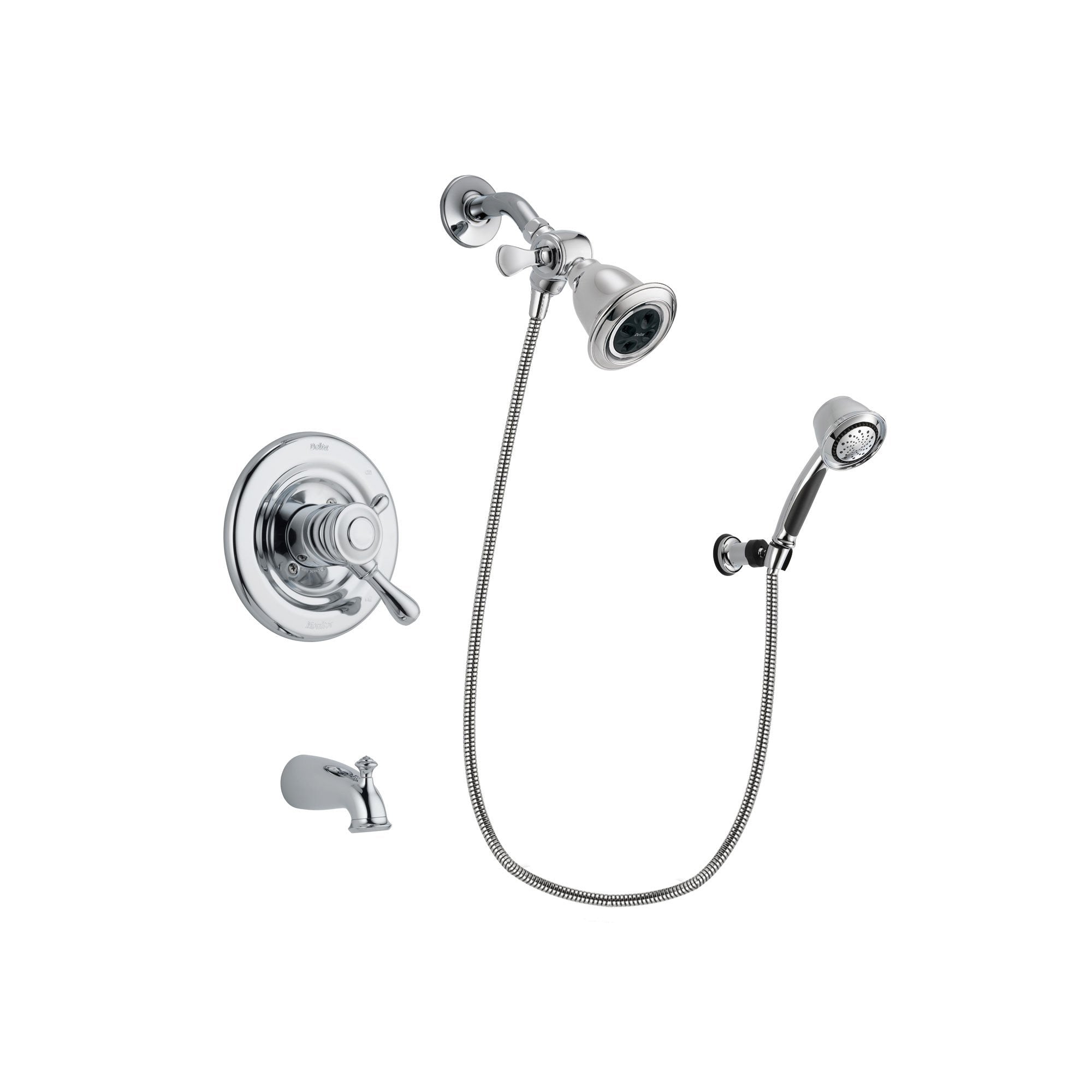 Delta Leland Chrome Finish Dual Control Tub and Shower Faucet System Package with Water Efficient Showerhead and 5-Spray Adjustable Wall Mount Hand Shower Includes Rough-in Valve and Tub Spout DSP0349V