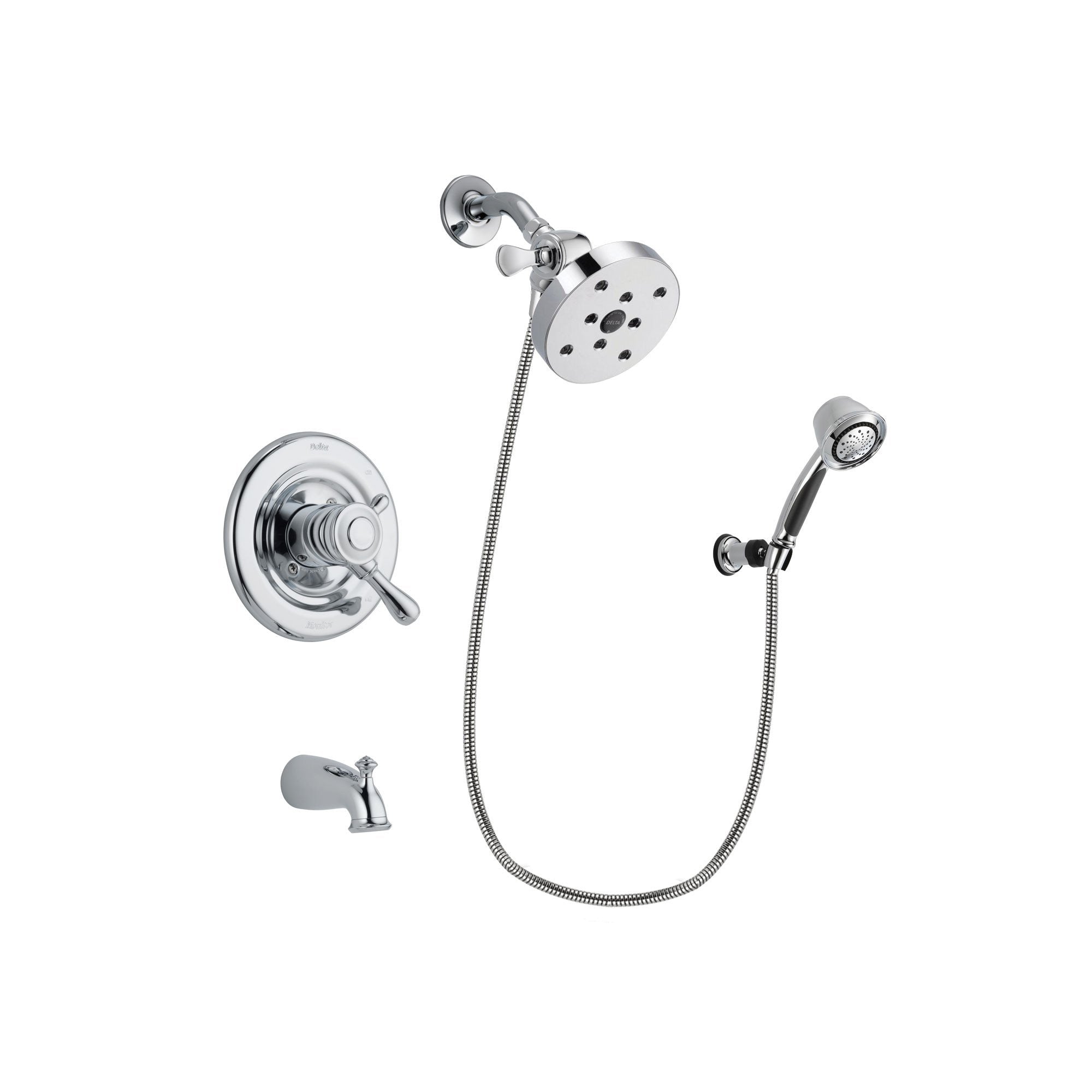 Delta Leland Chrome Finish Dual Control Tub and Shower Faucet System Package with 5-1/2 inch Shower Head and 5-Spray Adjustable Wall Mount Hand Shower Includes Rough-in Valve and Tub Spout DSP0417V