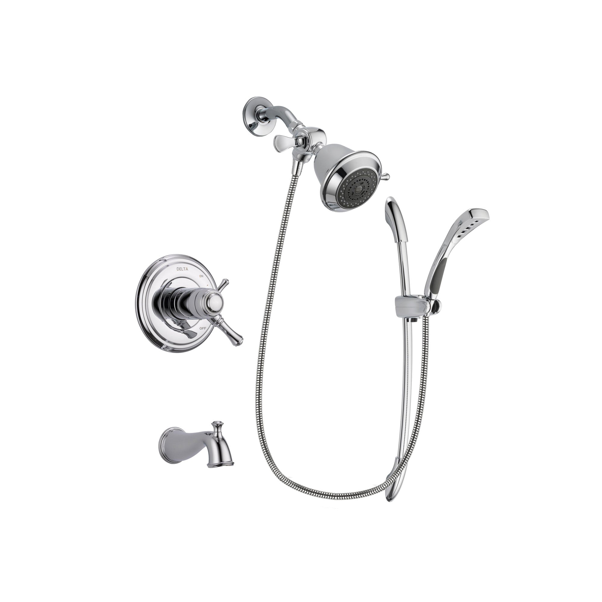 Delta Cassidy Chrome Finish Thermostatic Tub and Shower Faucet System Package with Shower Head and Handheld Shower with Slide Bar Includes Rough-in Valve and Tub Spout DSP0433V