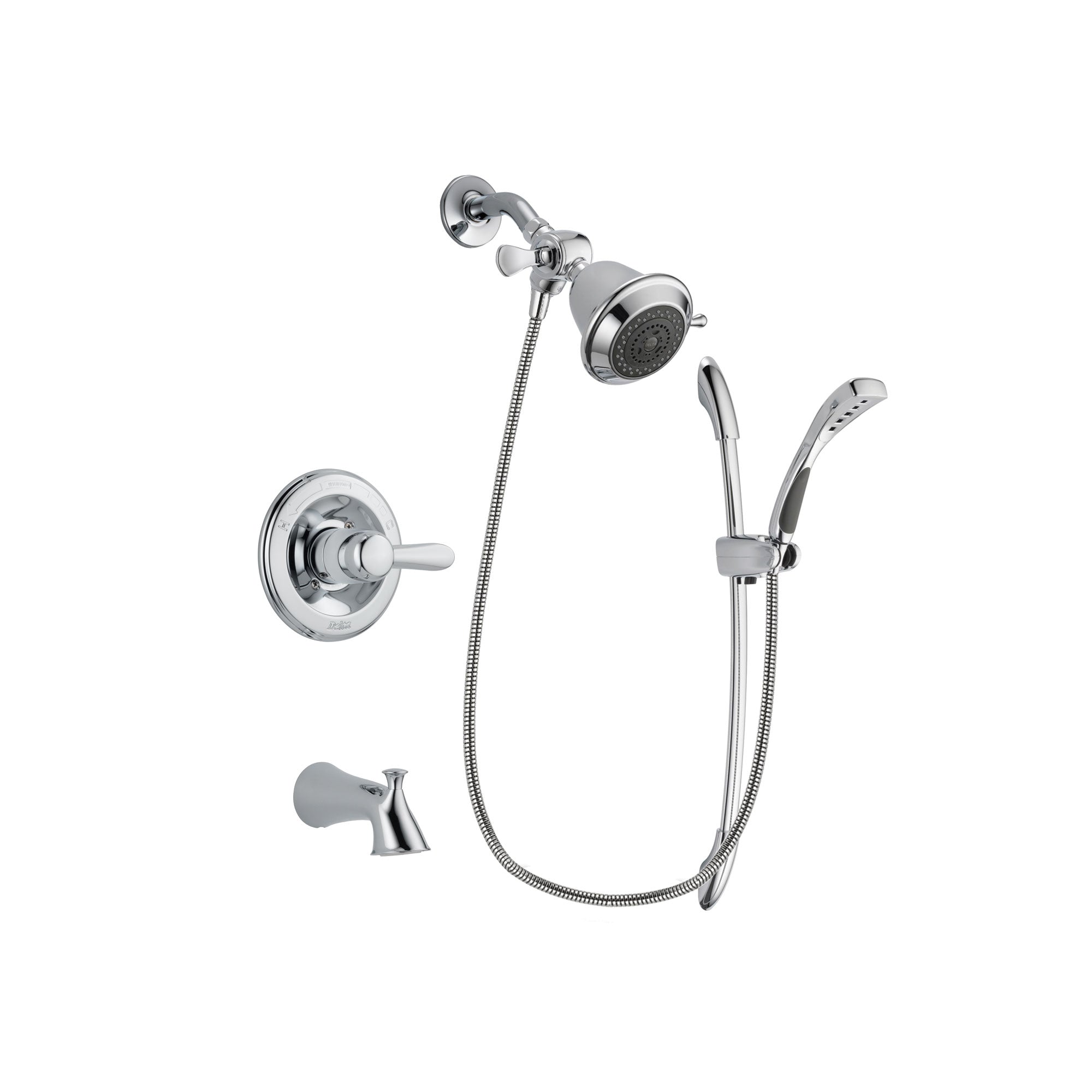 Delta Lahara Chrome Finish Tub and Shower Faucet System Package with Shower Head and Handheld Shower with Slide Bar Includes Rough-in Valve and Tub Spout DSP0435V