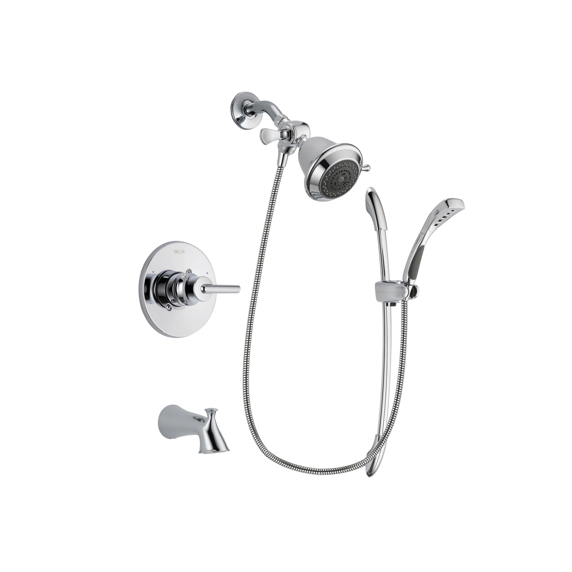 Delta Trinsic Chrome Finish Tub and Shower Faucet System Package with Shower Head and Handheld Shower with Slide Bar Includes Rough-in Valve and Tub Spout DSP0437V
