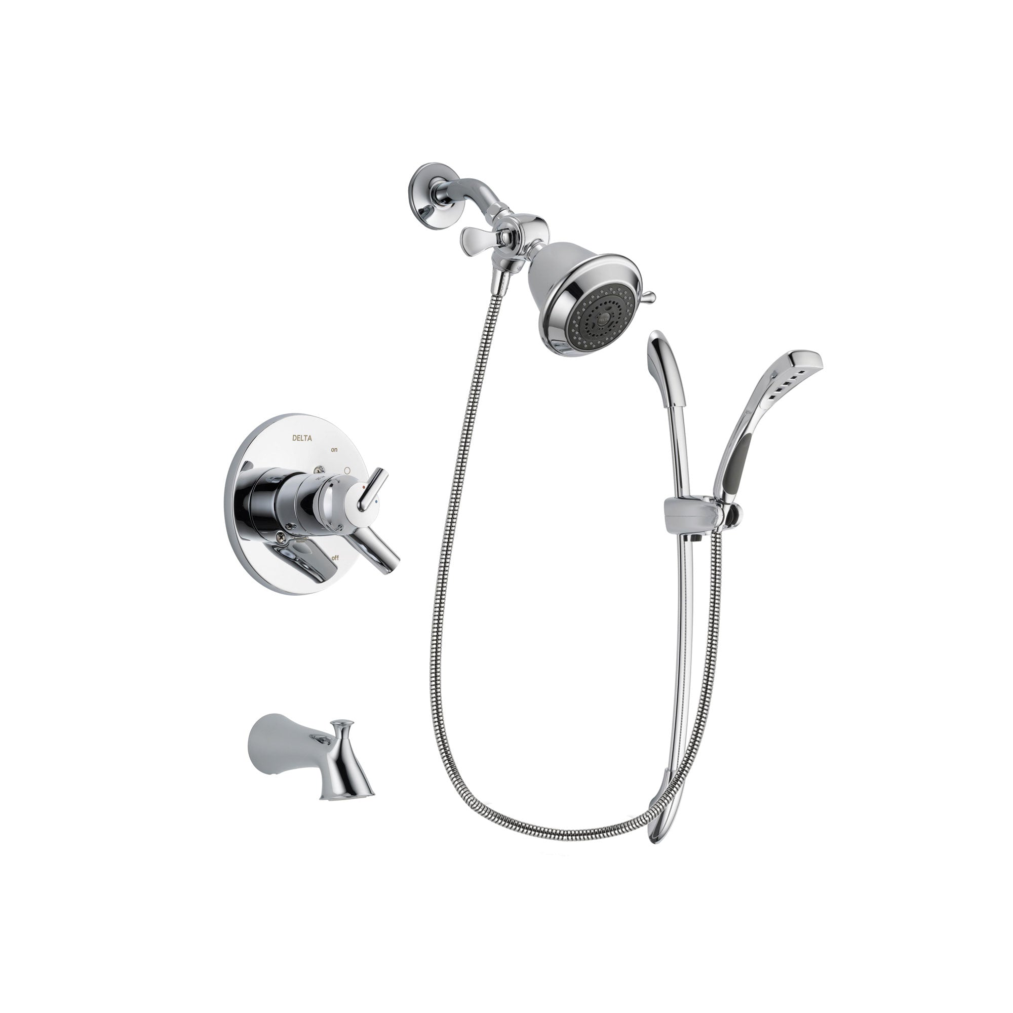 Delta Trinsic Chrome Finish Dual Control Tub and Shower Faucet System Package with Shower Head and Handheld Shower with Slide Bar Includes Rough-in Valve and Tub Spout DSP0447V