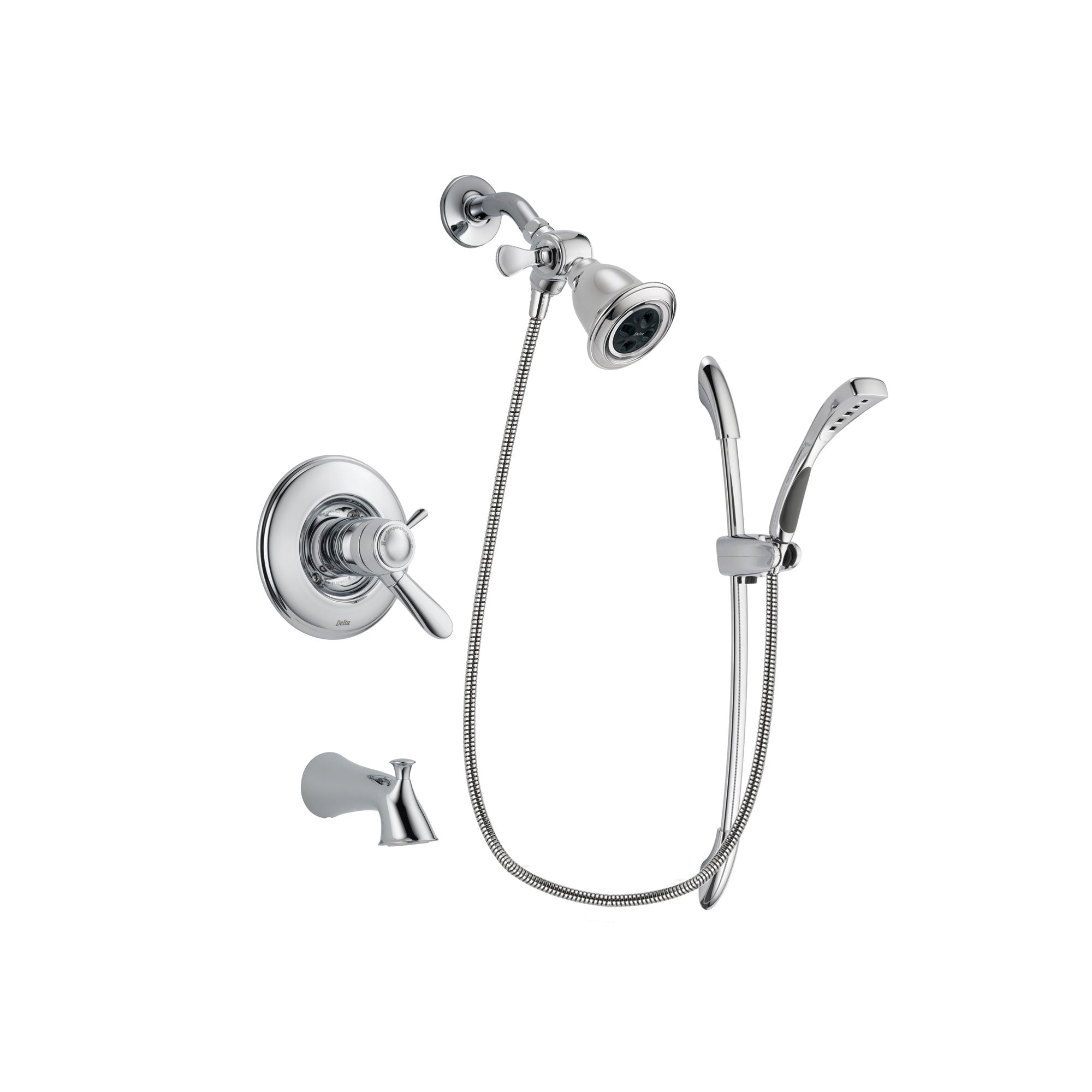 Delta Lahara Chrome Finish Thermostatic Tub and Shower Faucet System Package with Water Efficient Showerhead and Handheld Shower with Slide Bar Includes Rough-in Valve and Tub Spout DSP0459V