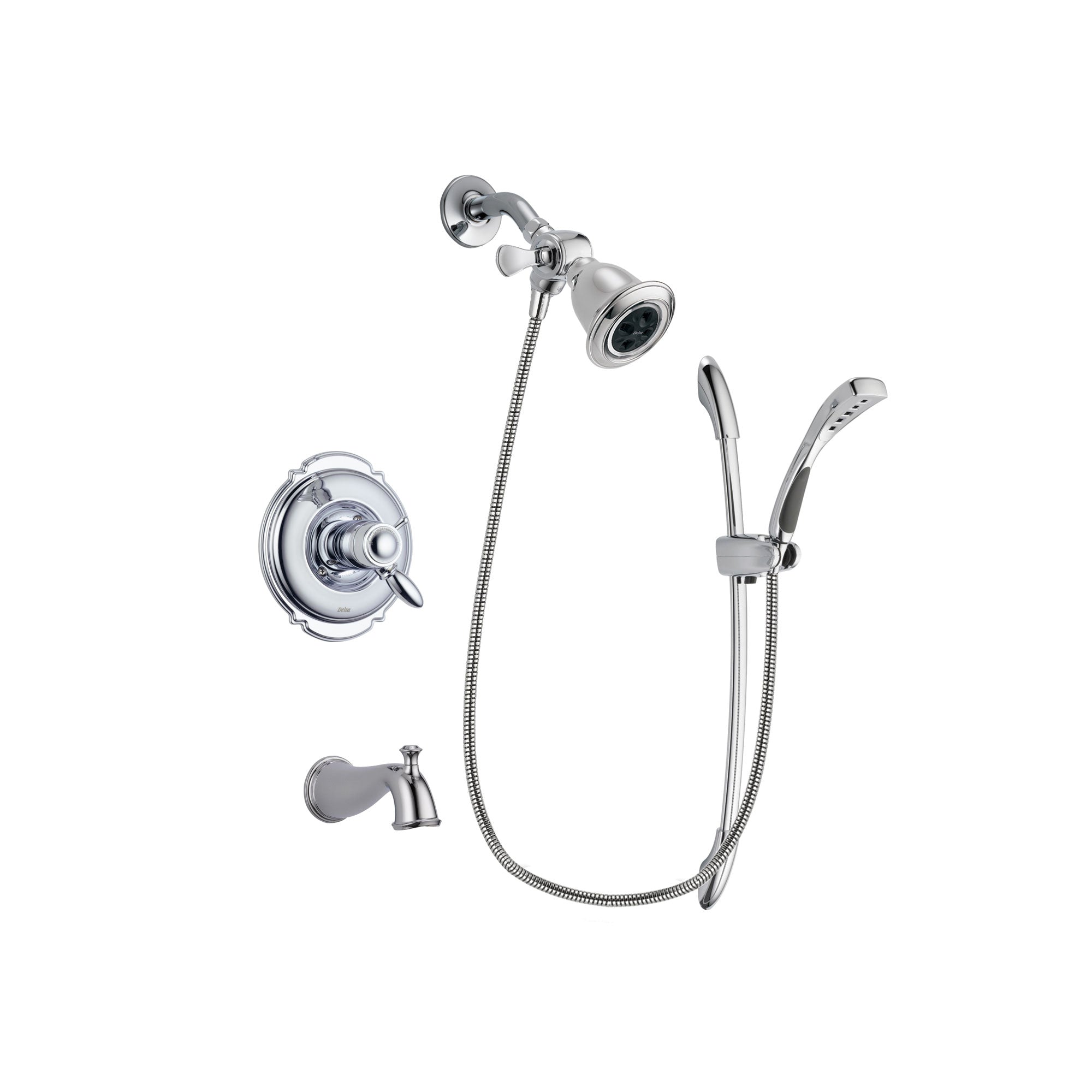 Delta Victorian Chrome Finish Thermostatic Tub and Shower Faucet System Package with Water Efficient Showerhead and Handheld Shower with Slide Bar Includes Rough-in Valve and Tub Spout DSP0461V
