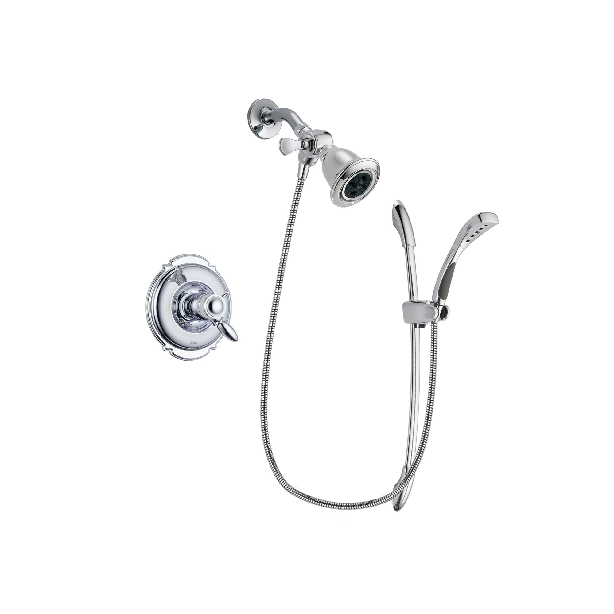 Delta Victorian Chrome Finish Thermostatic Shower Faucet System Package with Water Efficient Showerhead and Handheld Shower with Slide Bar Includes Rough-in Valve DSP0462V