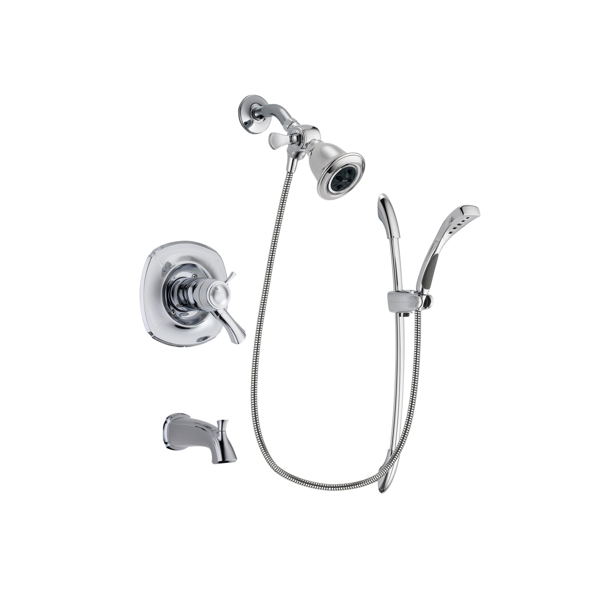 Delta Addison Chrome Finish Thermostatic Tub and Shower Faucet System Package with Water Efficient Showerhead and Handheld Shower with Slide Bar Includes Rough-in Valve and Tub Spout DSP0465V
