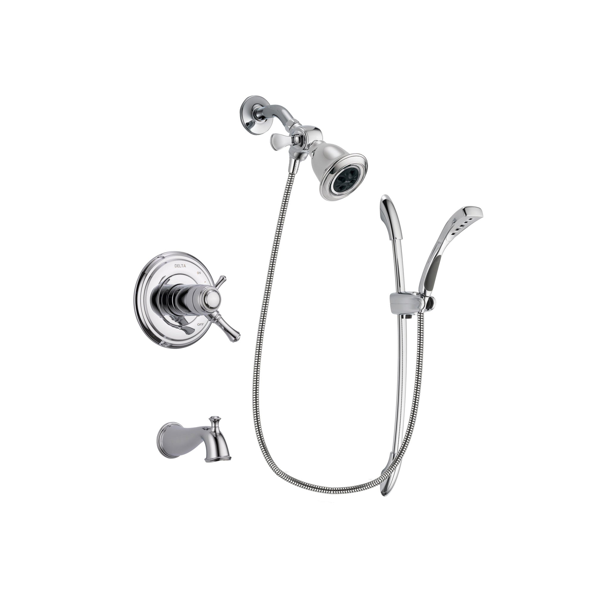 Delta Cassidy Chrome Finish Thermostatic Tub and Shower Faucet System Package with Water Efficient Showerhead and Handheld Shower with Slide Bar Includes Rough-in Valve and Tub Spout DSP0467V