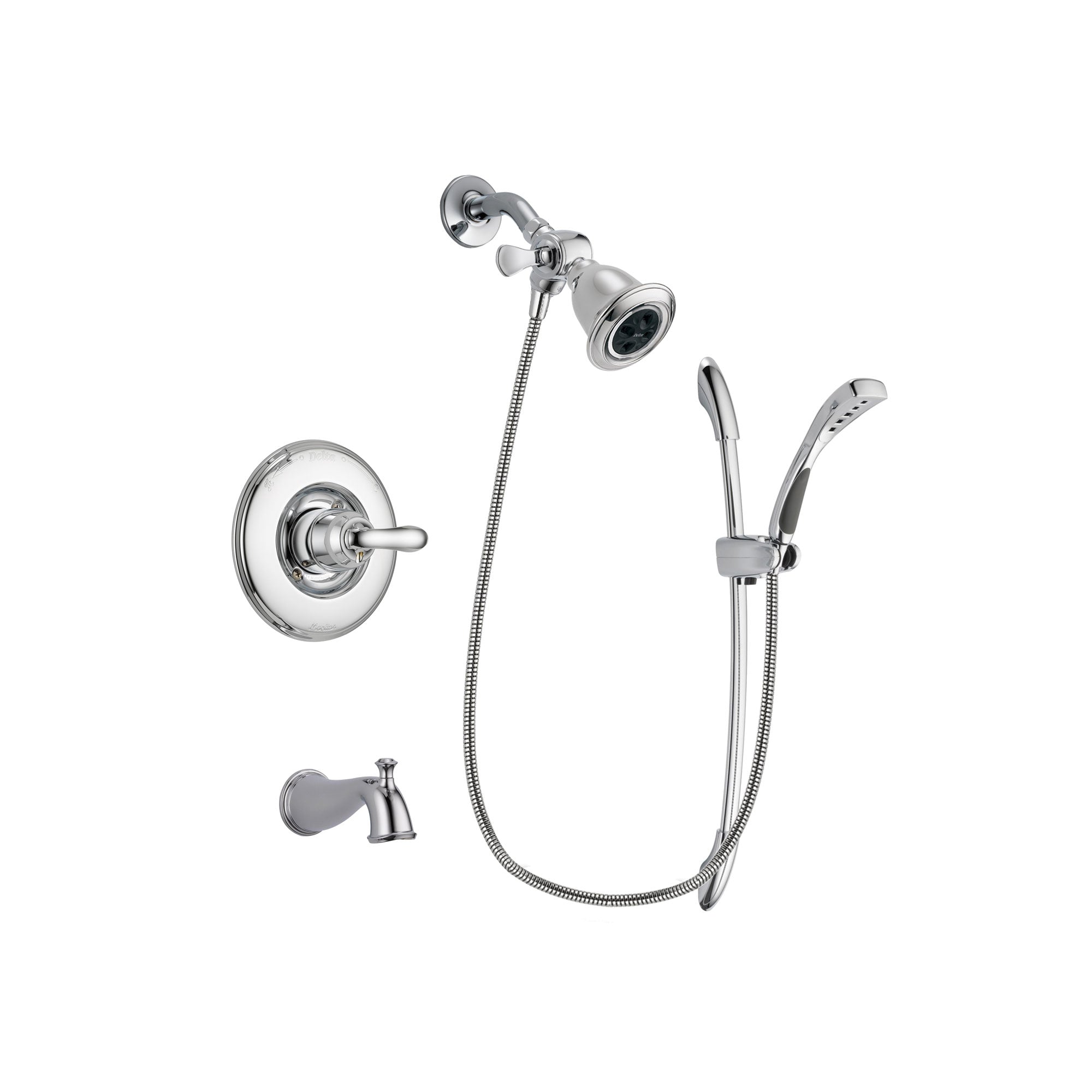 Delta Linden Chrome Finish Tub and Shower Faucet System Package with Water Efficient Showerhead and Handheld Shower with Slide Bar Includes Rough-in Valve and Tub Spout DSP0477V