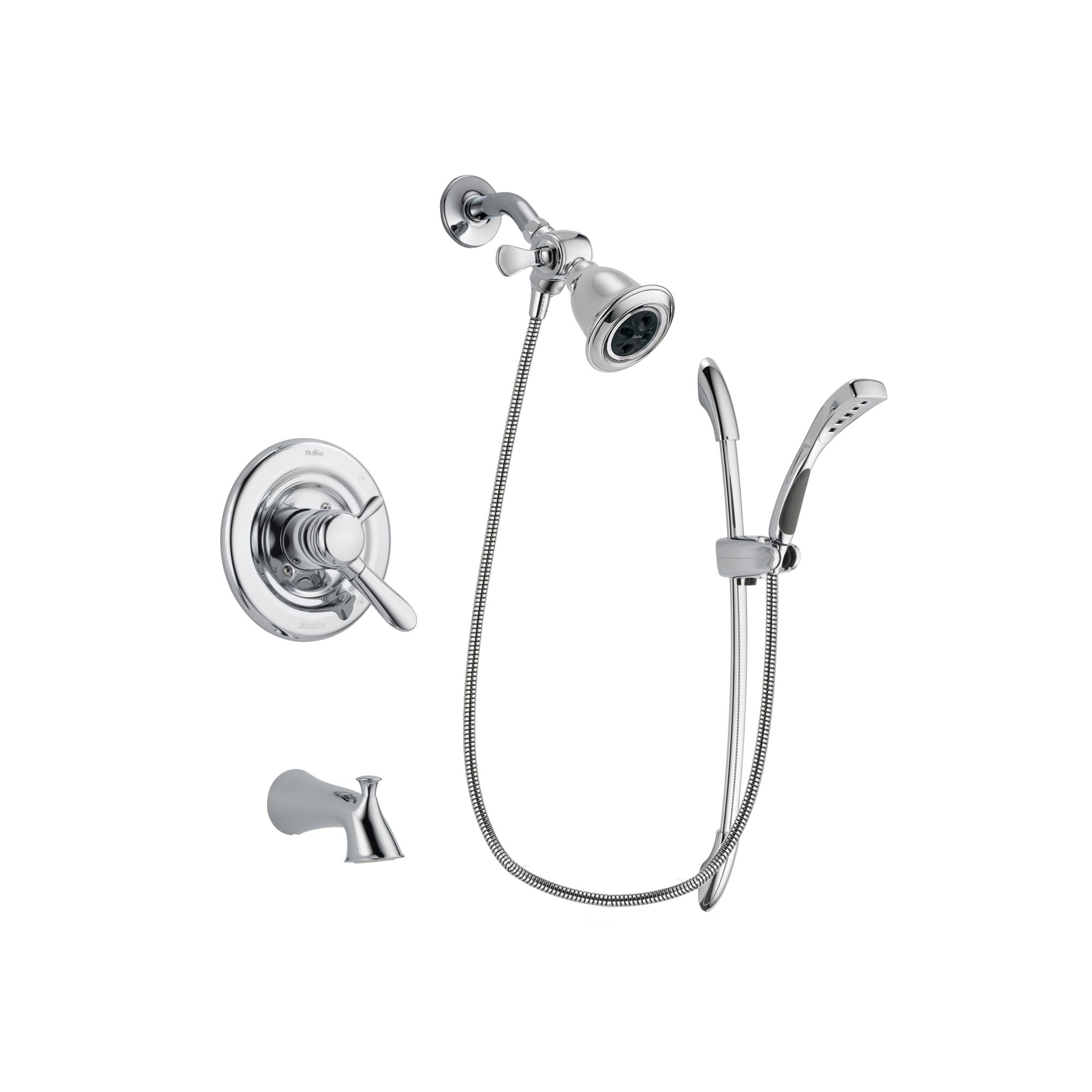 Delta Lahara Chrome Finish Dual Control Tub and Shower Faucet System Package with Water Efficient Showerhead and Handheld Shower with Slide Bar Includes Rough-in Valve and Tub Spout DSP0479V