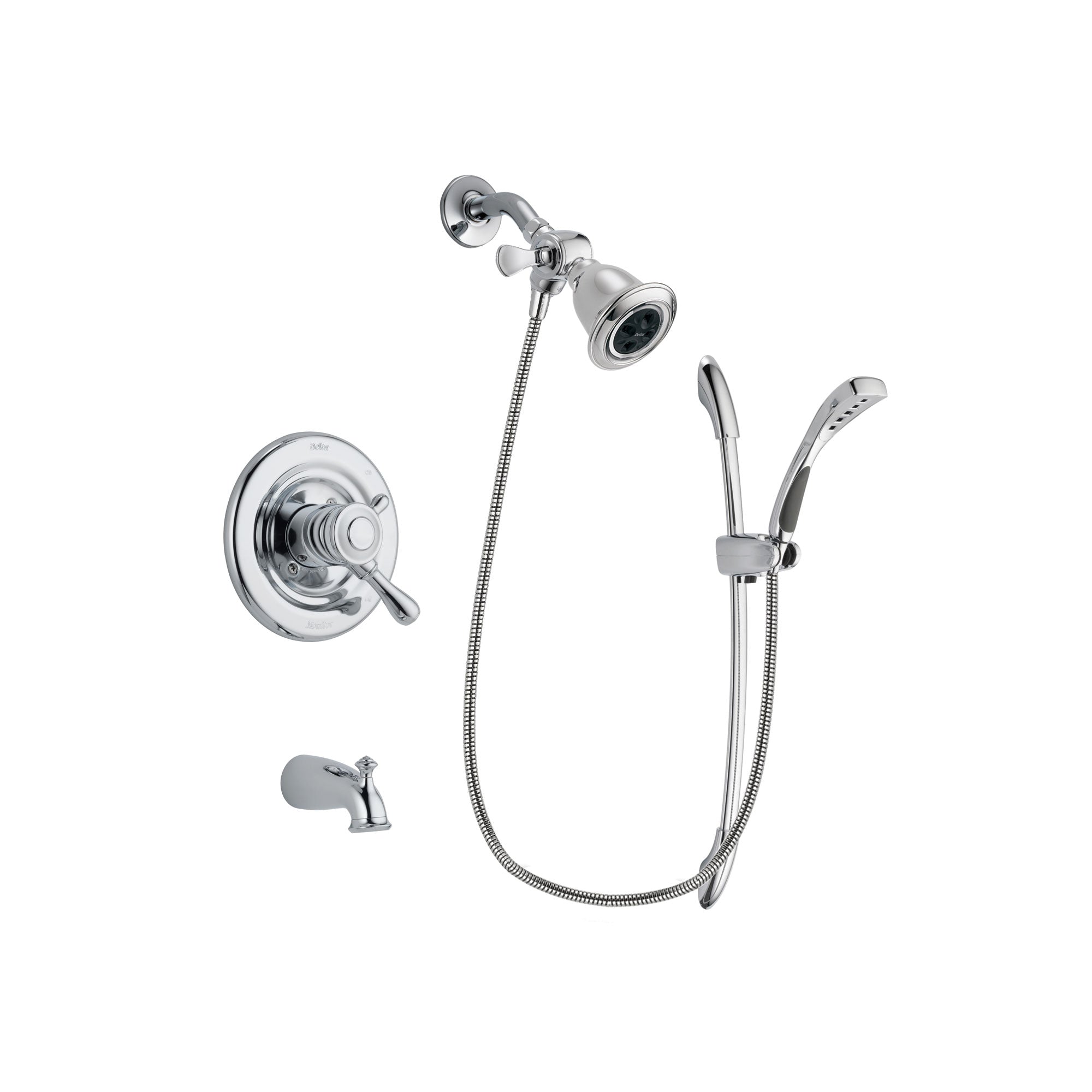 Delta Leland Chrome Finish Dual Control Tub and Shower Faucet System Package with Water Efficient Showerhead and Handheld Shower with Slide Bar Includes Rough-in Valve and Tub Spout DSP0485V