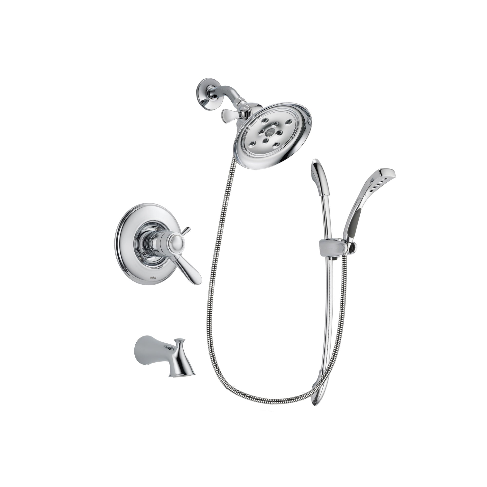 Delta Lahara Chrome Finish Thermostatic Tub and Shower Faucet System Package with Large Rain Showerhead and Handheld Shower with Slide Bar Includes Rough-in Valve and Tub Spout DSP0493V