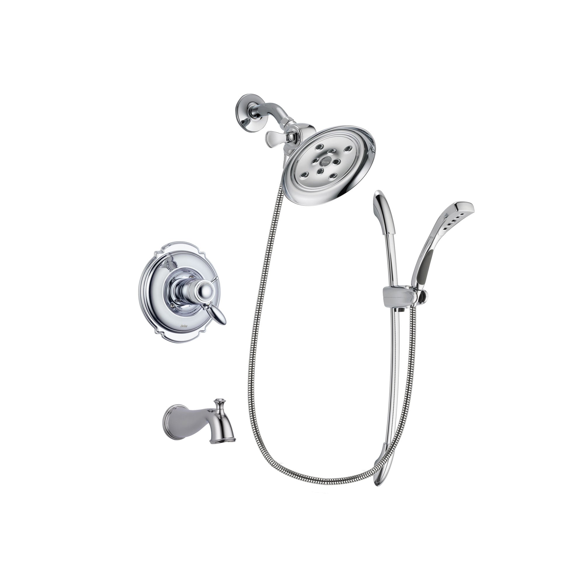 Delta Victorian Chrome Finish Thermostatic Tub and Shower Faucet System Package with Large Rain Showerhead and Handheld Shower with Slide Bar Includes Rough-in Valve and Tub Spout DSP0495V